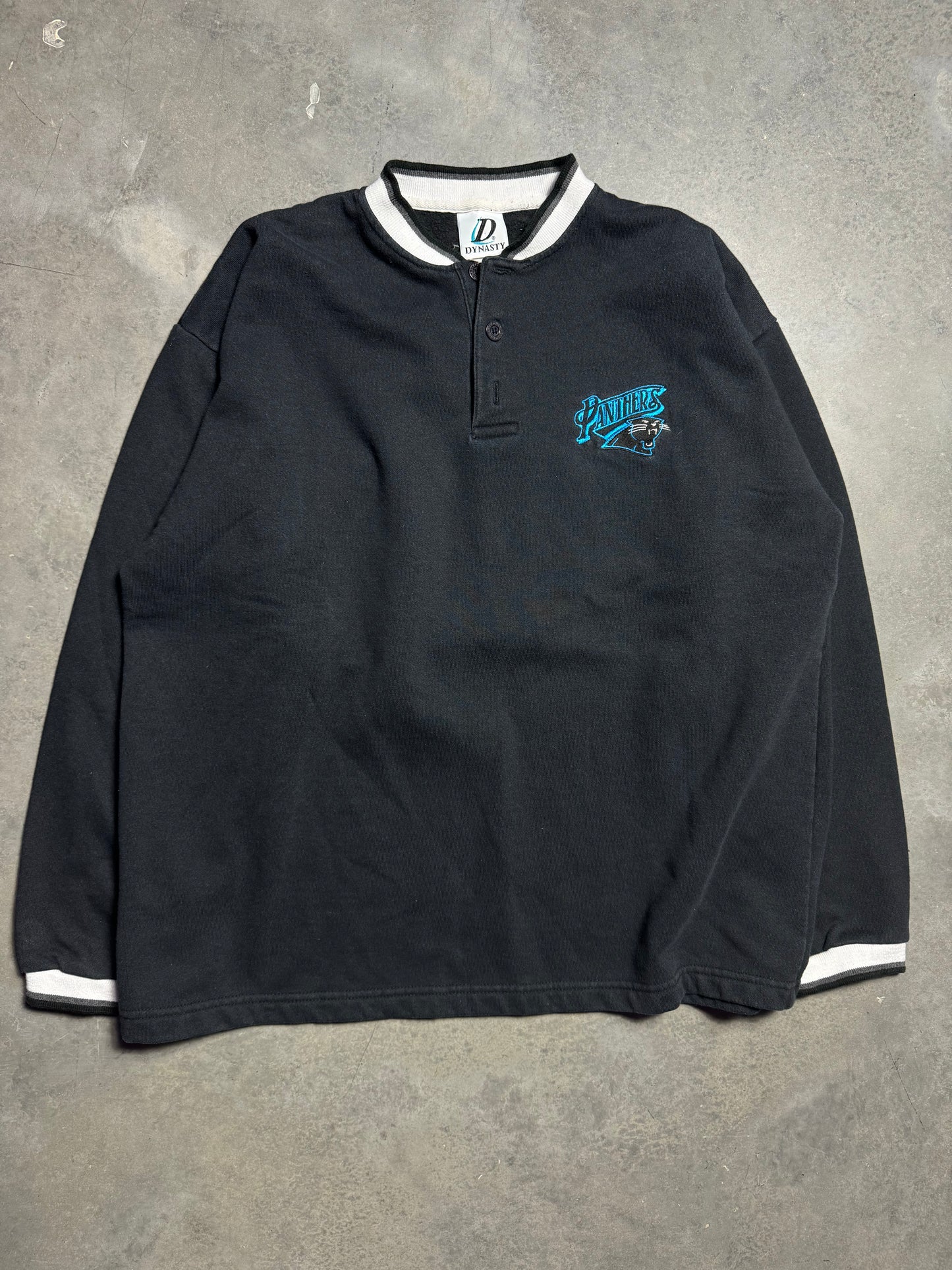 90’s Carolina Panthers Vintage Black Ribbed 3 Button Pullover Fleece NFL Sweatshirt (XL)