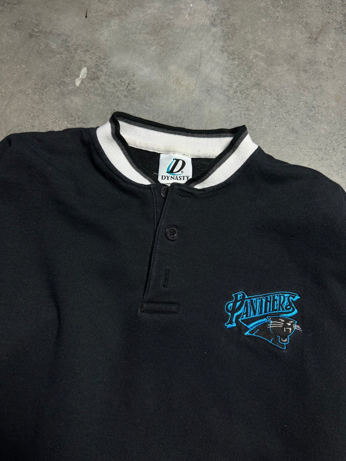 90’s Carolina Panthers Vintage Black Ribbed 3 Button Pullover Fleece NFL Sweatshirt (XL)