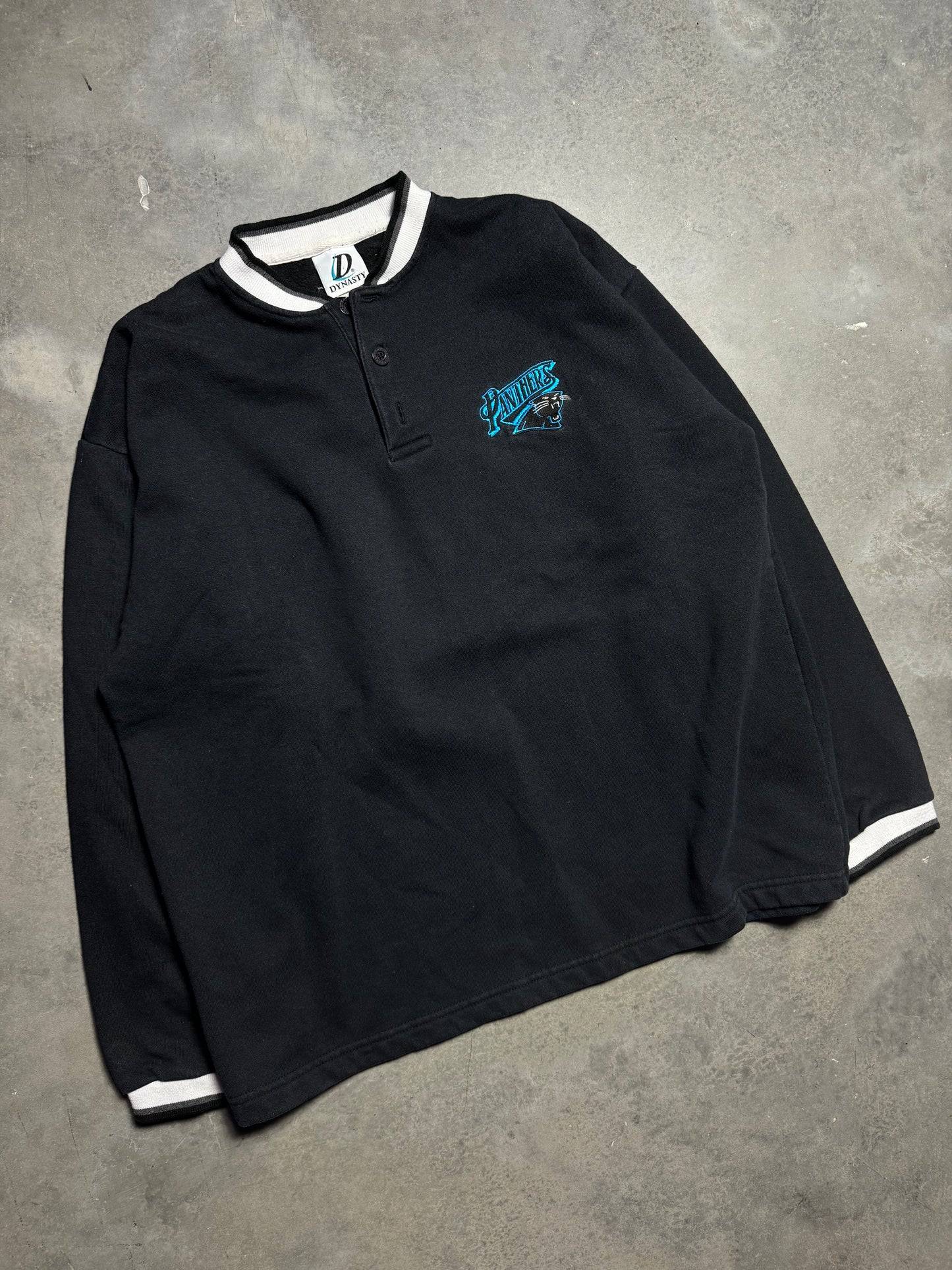 90’s Carolina Panthers Vintage Black Ribbed 3 Button Pullover Fleece NFL Sweatshirt (XL)