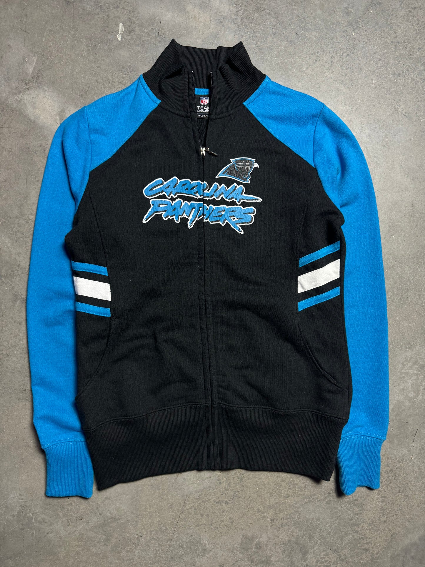 00’s Carolina Panthers Vintage Black Reebok Cat Scratch Font Full Zip NFL Jacket (Women’s Small)