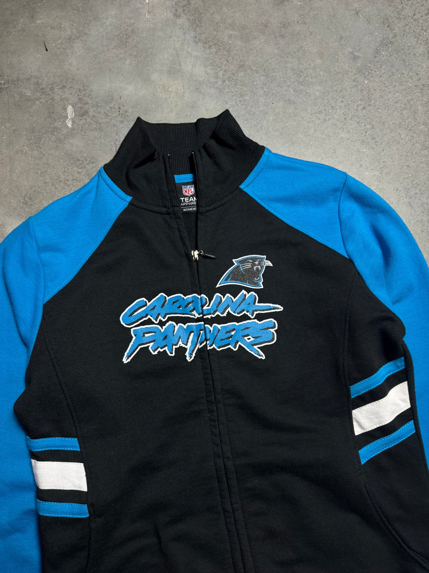 00’s Carolina Panthers Vintage Black Reebok Cat Scratch Font Full Zip NFL Jacket (Women’s Small)