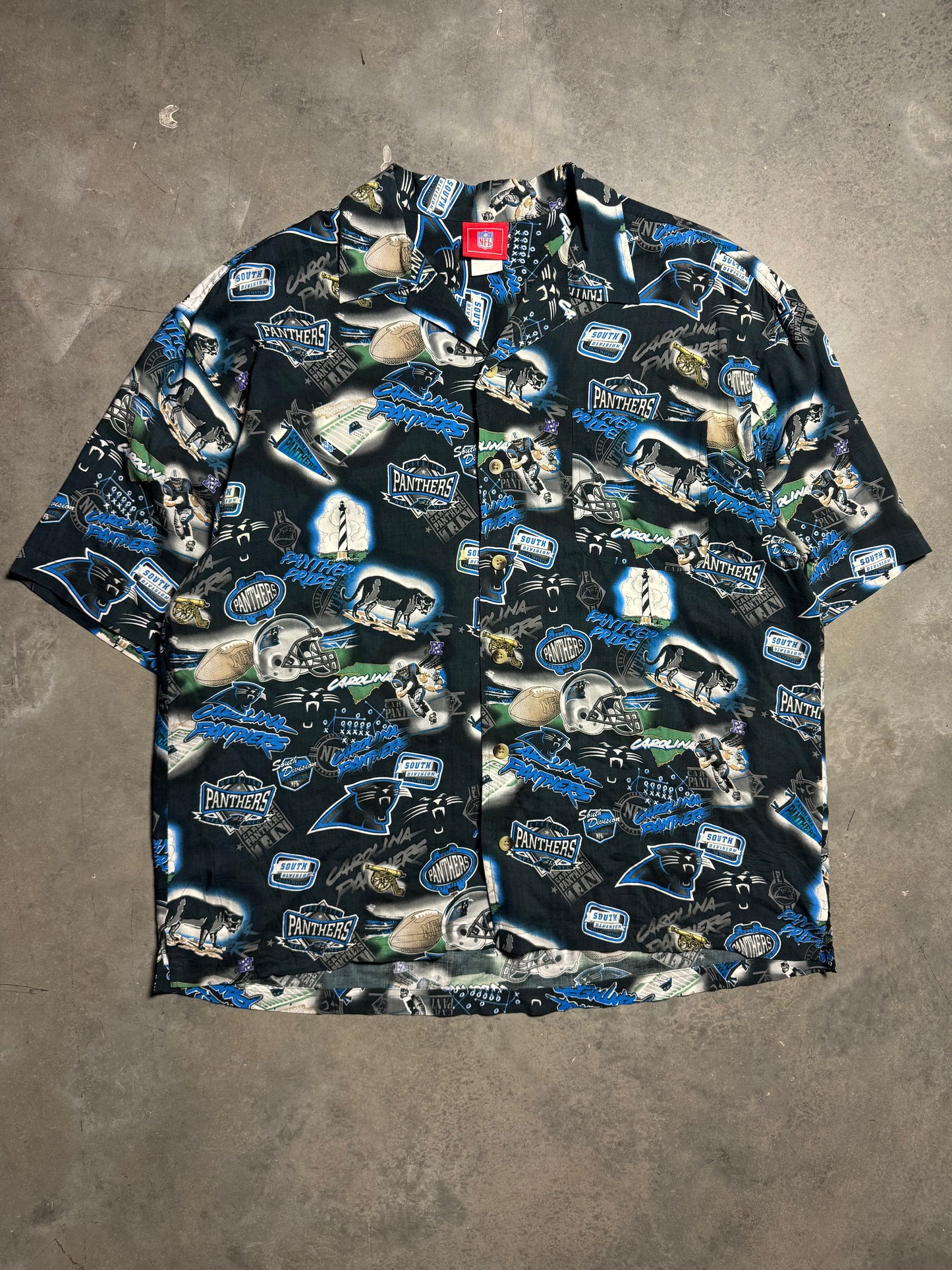 00’s Carolina Panthers Vintage All Over Print Rayon Button Up NFL Hawaiian Shirt (XL)