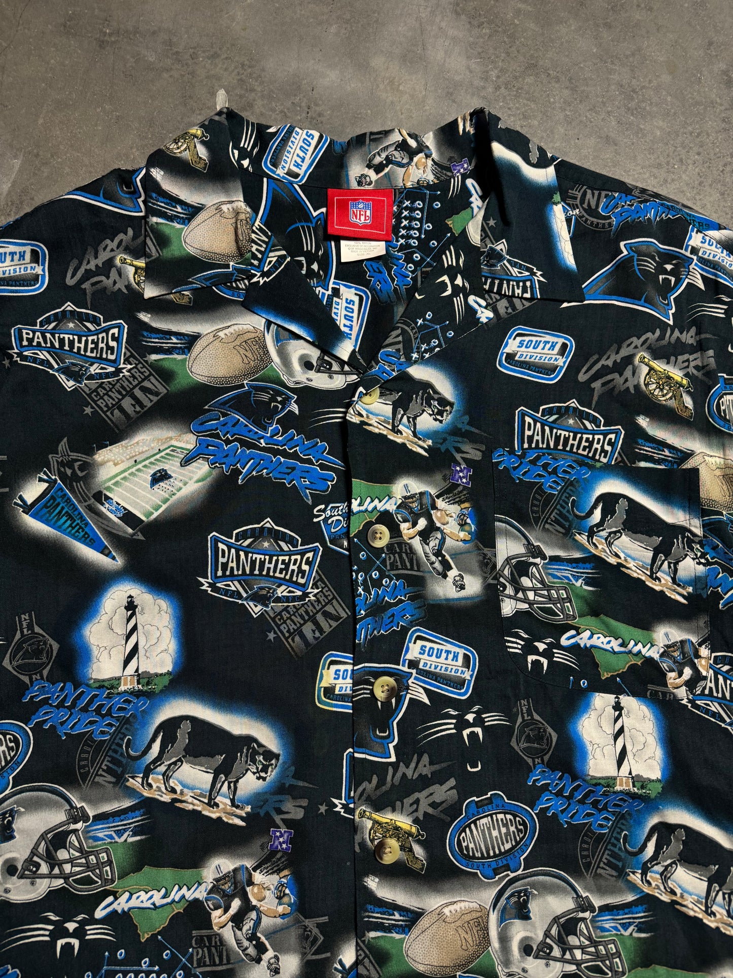 00’s Carolina Panthers Vintage All Over Print Rayon Button Up NFL Hawaiian Shirt (XL)