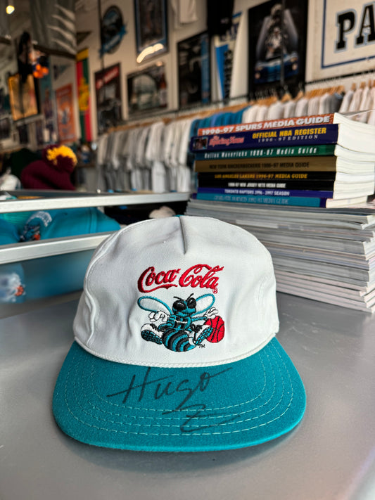 90’s Charlotte Hornets x Coca-Cola Vintage Hugo The Hornet Signed White AJD NBA Snapback Hat (OSFA)