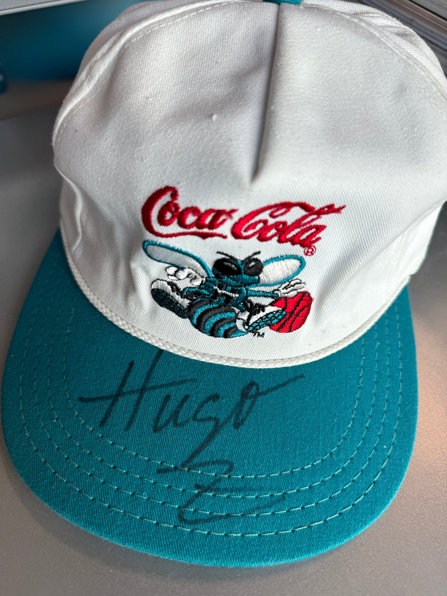 90’s Charlotte Hornets x Coca-Cola Vintage Hugo The Hornet Signed White AJD NBA Snapback Hat (OSFA)