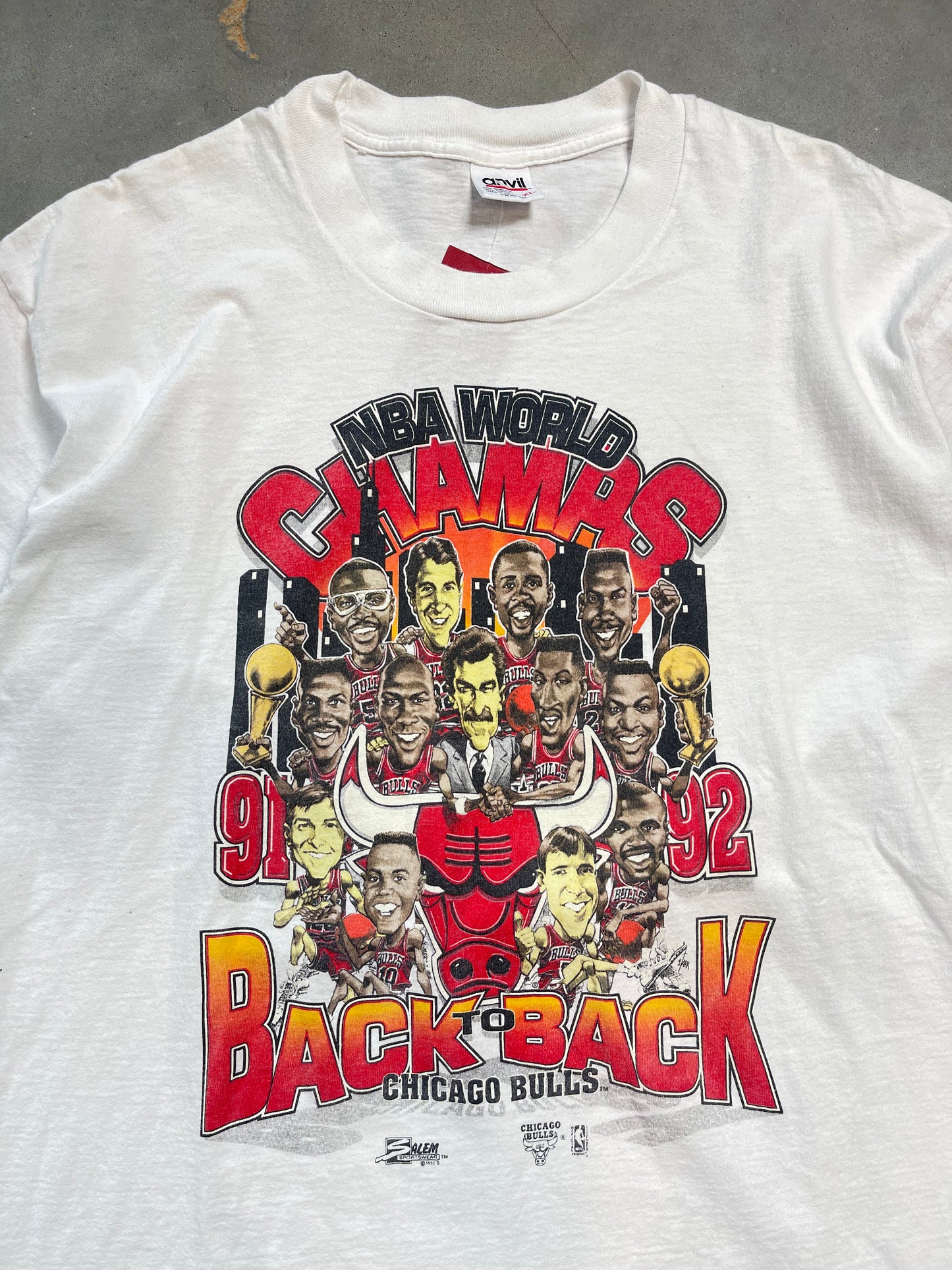 1991 & 1992 Chicago Bulls Back to Back Caricature Team NBA World Champions Salem Sportswear Tee (XL)