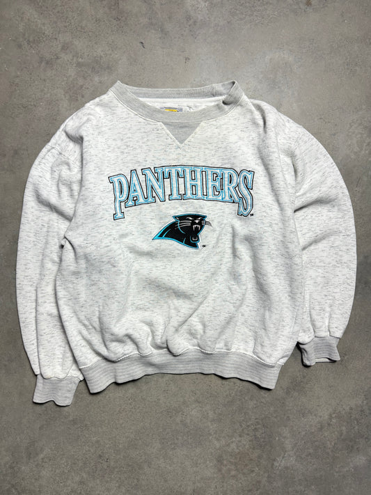 90’s Carolina Panthers Vintage Heather Grey Embroidered NFL Spellout Crewneck (Boxy Medium)