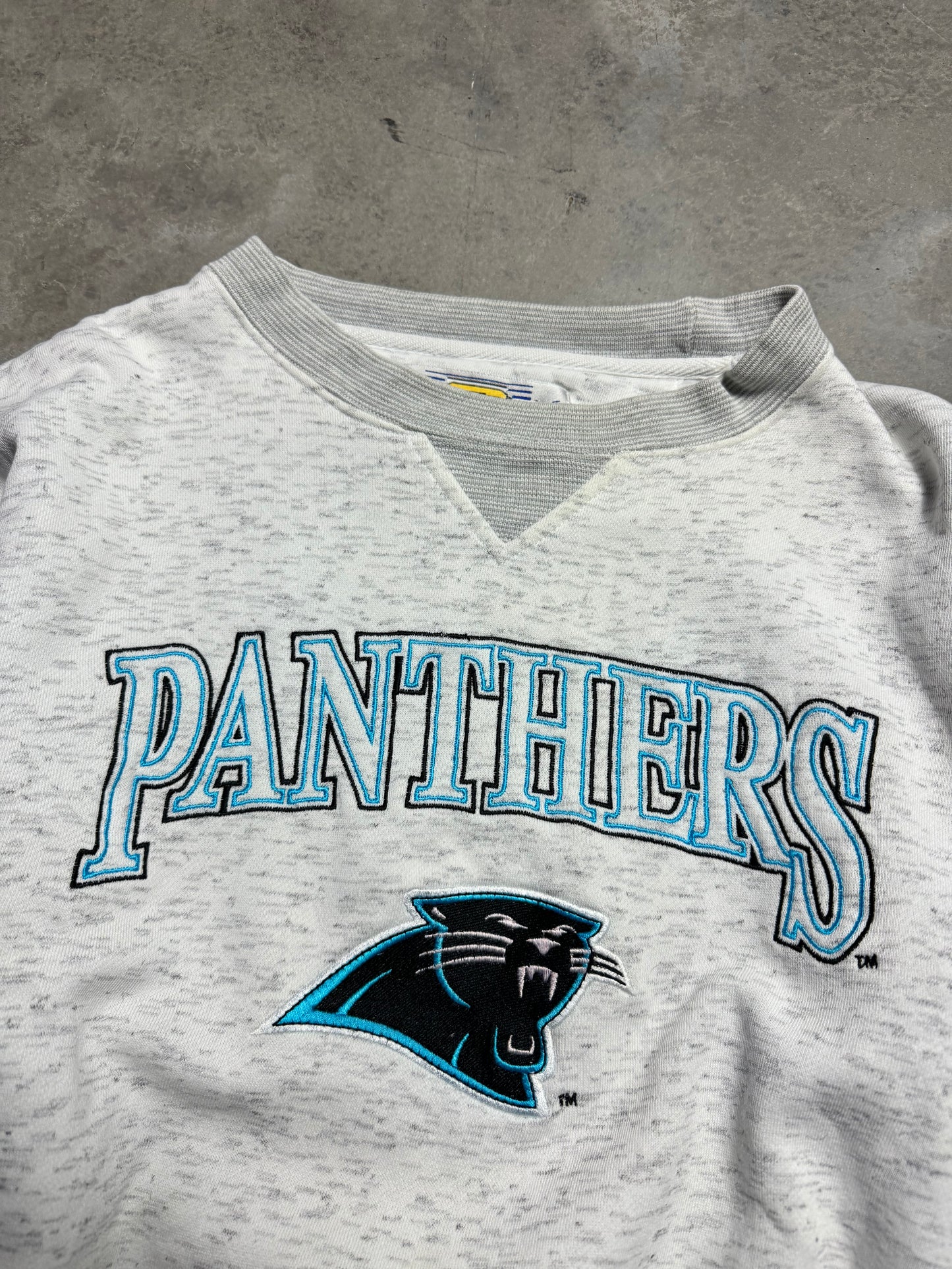 90’s Carolina Panthers Vintage Heather Grey Embroidered NFL Spellout Crewneck (Boxy Medium)