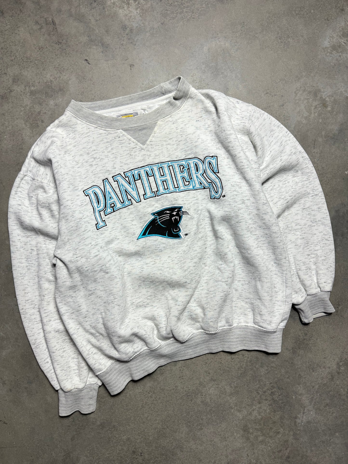90’s Carolina Panthers Vintage Heather Grey Embroidered NFL Spellout Crewneck (Boxy Medium)