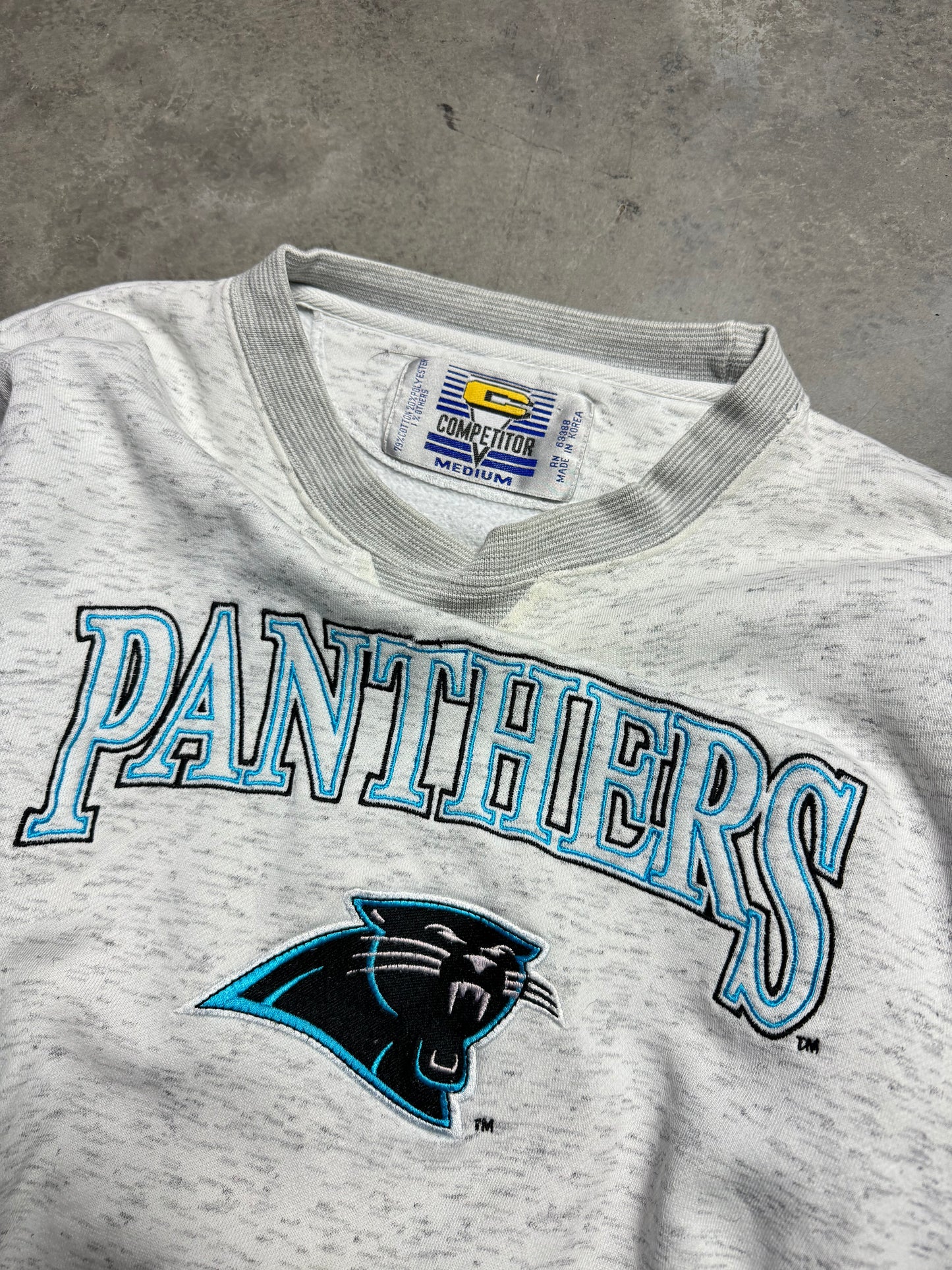 90’s Carolina Panthers Vintage Heather Grey Embroidered NFL Spellout Crewneck (Boxy Medium)
