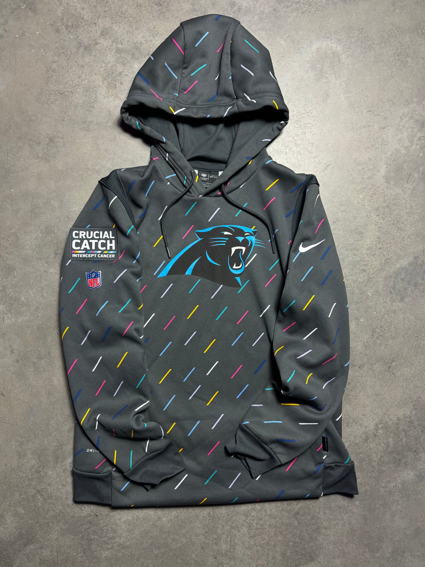 2021 Carolina Panthers Nike Crucial Catch Intercept Cancer Sideline NFL Hoodie (Women’s Large)