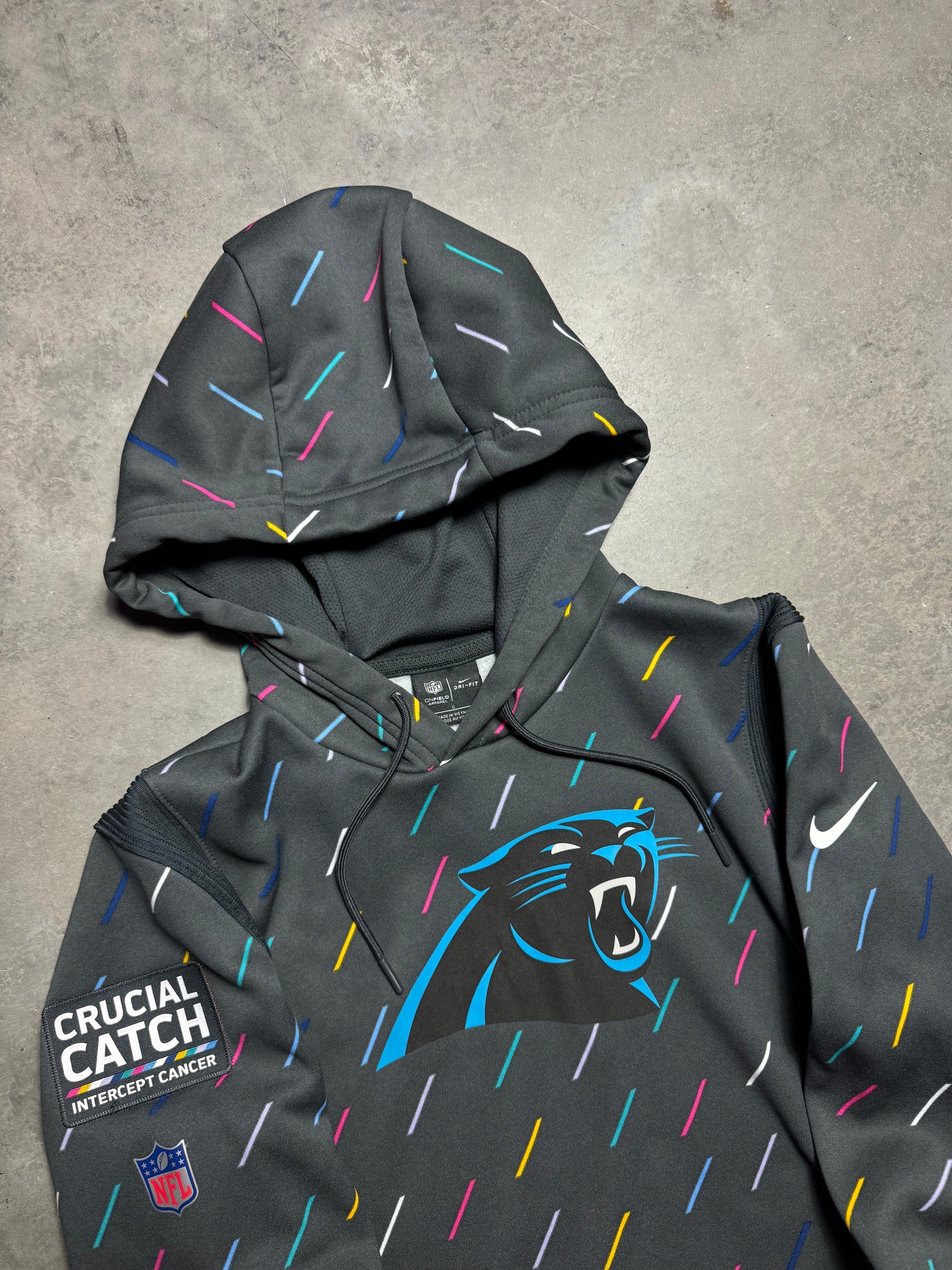 2021 Carolina Panthers Nike Crucial Catch Intercept Cancer Sideline NFL Hoodie (Women’s Large)