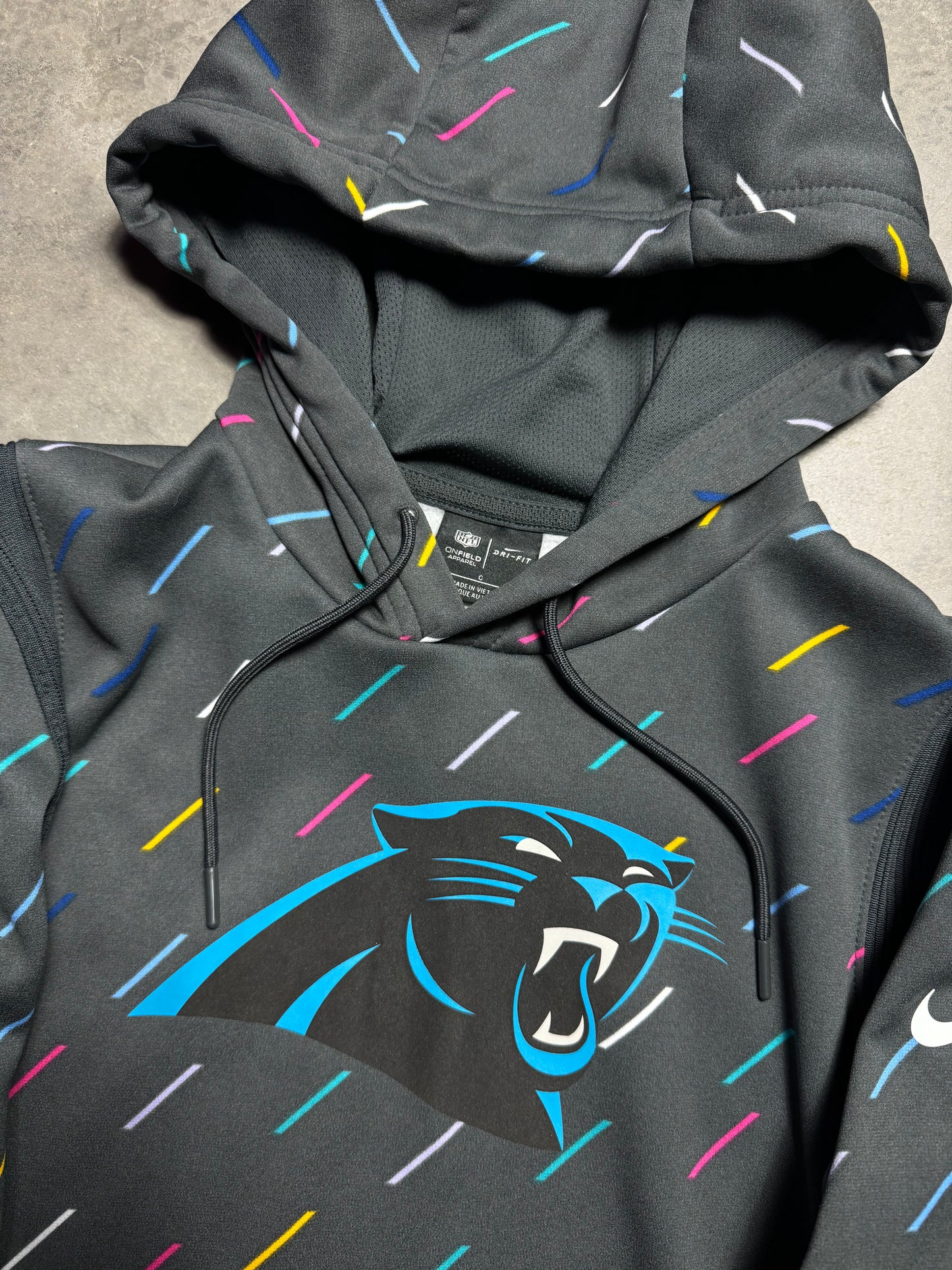 2021 Carolina Panthers Nike Crucial Catch Intercept Cancer Sideline NFL Hoodie (Women’s Large)