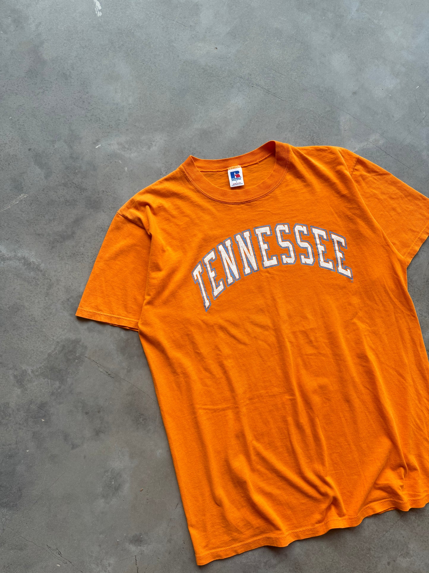 90’s Tennessee Volunteers Vintage Block Arch Spellout College Russell Athletic Tee (Large)