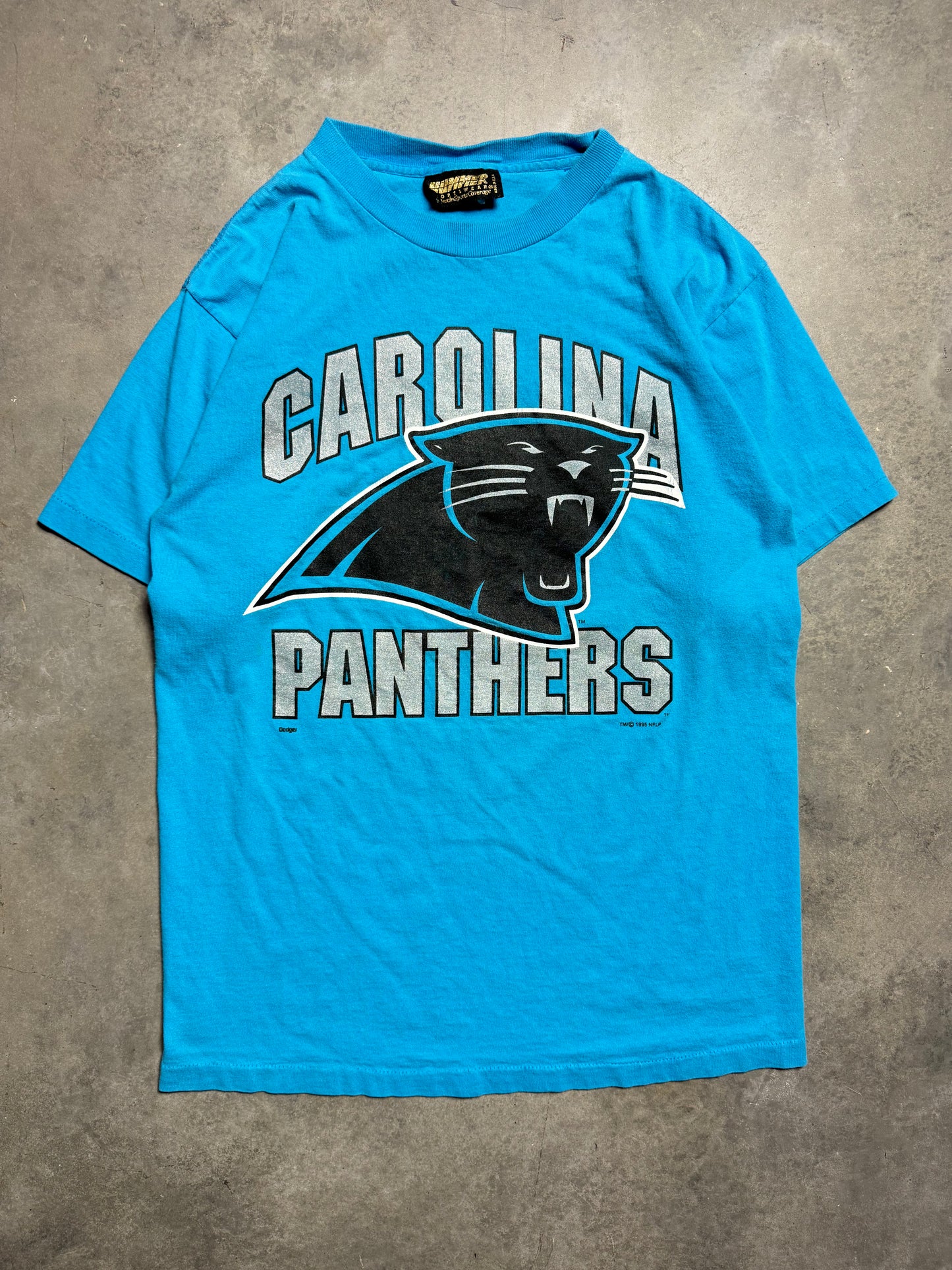1995 Carolina Panthers Vintage Blue Inaugural Season NFL Spellout Big Logo Tee (Large)