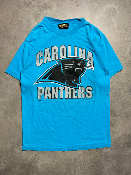 1995 Carolina Panthers Vintage Blue Inaugural Season NFL Spellout Big Logo Tee (Large)