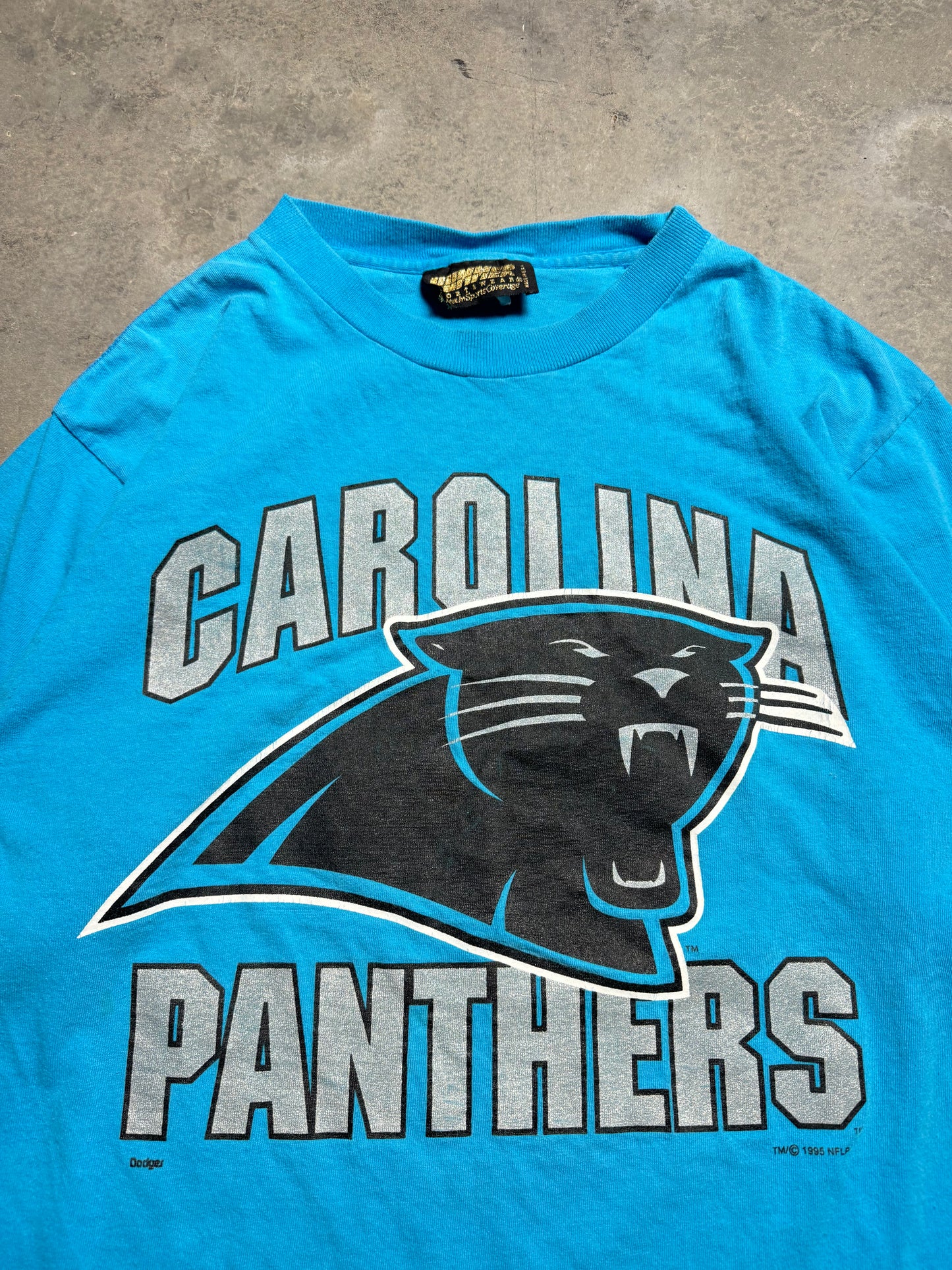 1995 Carolina Panthers Vintage Blue Inaugural Season NFL Spellout Big Logo Tee (Large)
