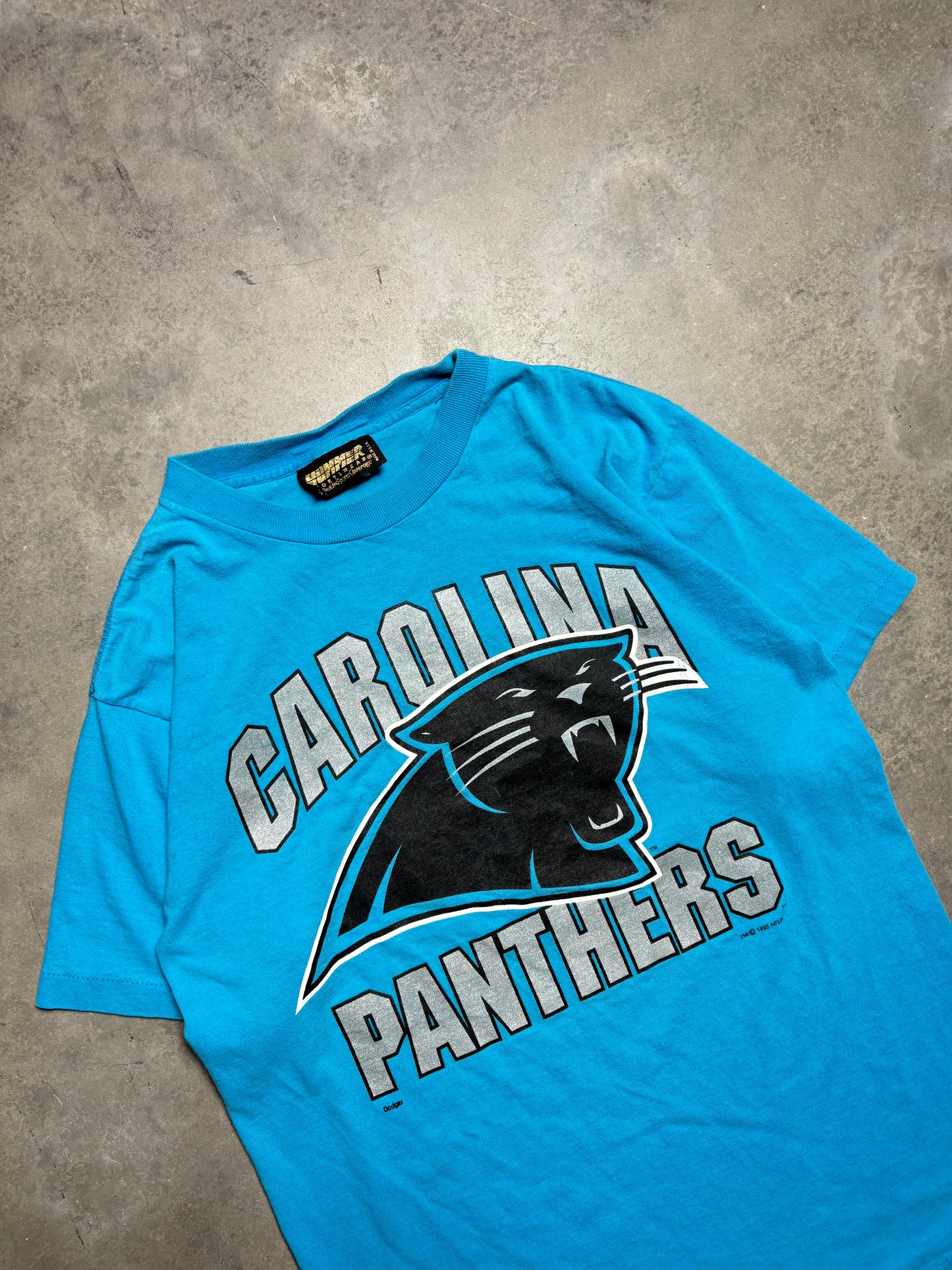 1995 Carolina Panthers Vintage Blue Inaugural Season NFL Spellout Big Logo Tee (Large)