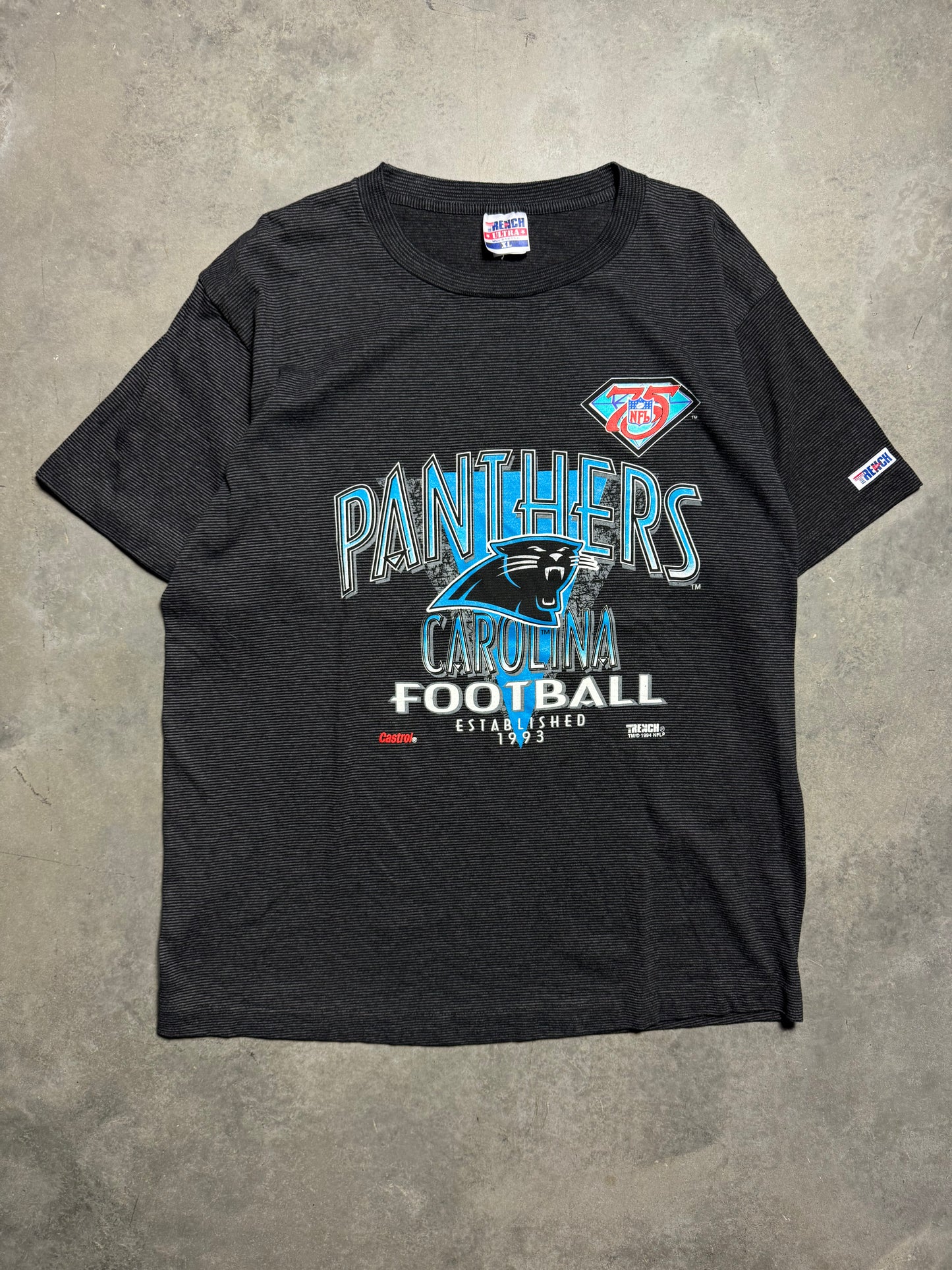 1994 Carolina Panthers Vintage 75th Anniversary Logo Striped Black NFL Tee (XL)