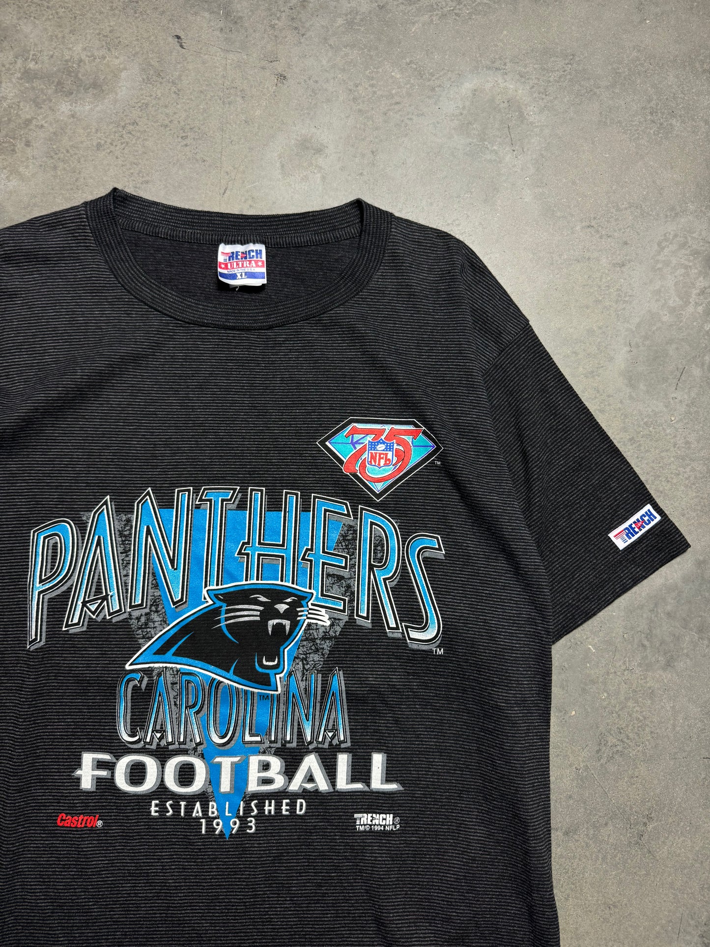 1994 Carolina Panthers Vintage 75th Anniversary Logo Striped Black NFL Tee (XL)
