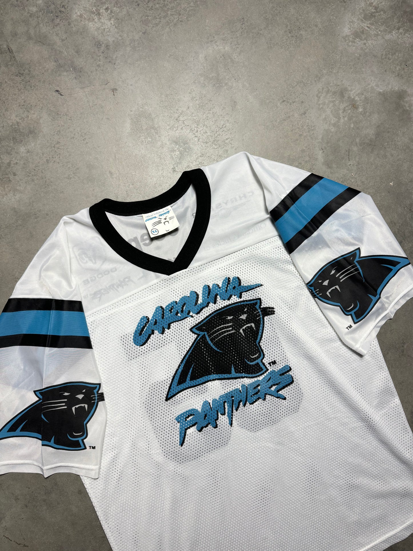 2005 Carolina Panthers x Chrysler Big Logo Cat Scratch Vintage White Mesh NFL Jersey (XL)