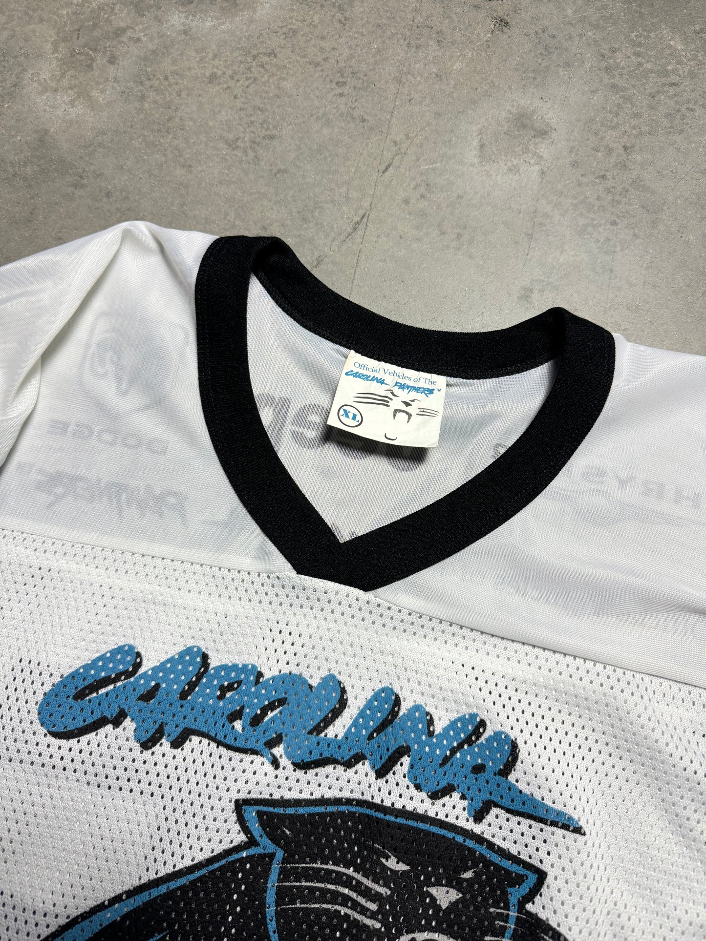 2005 Carolina Panthers x Chrysler Big Logo Cat Scratch Vintage White Mesh NFL Jersey (XL)