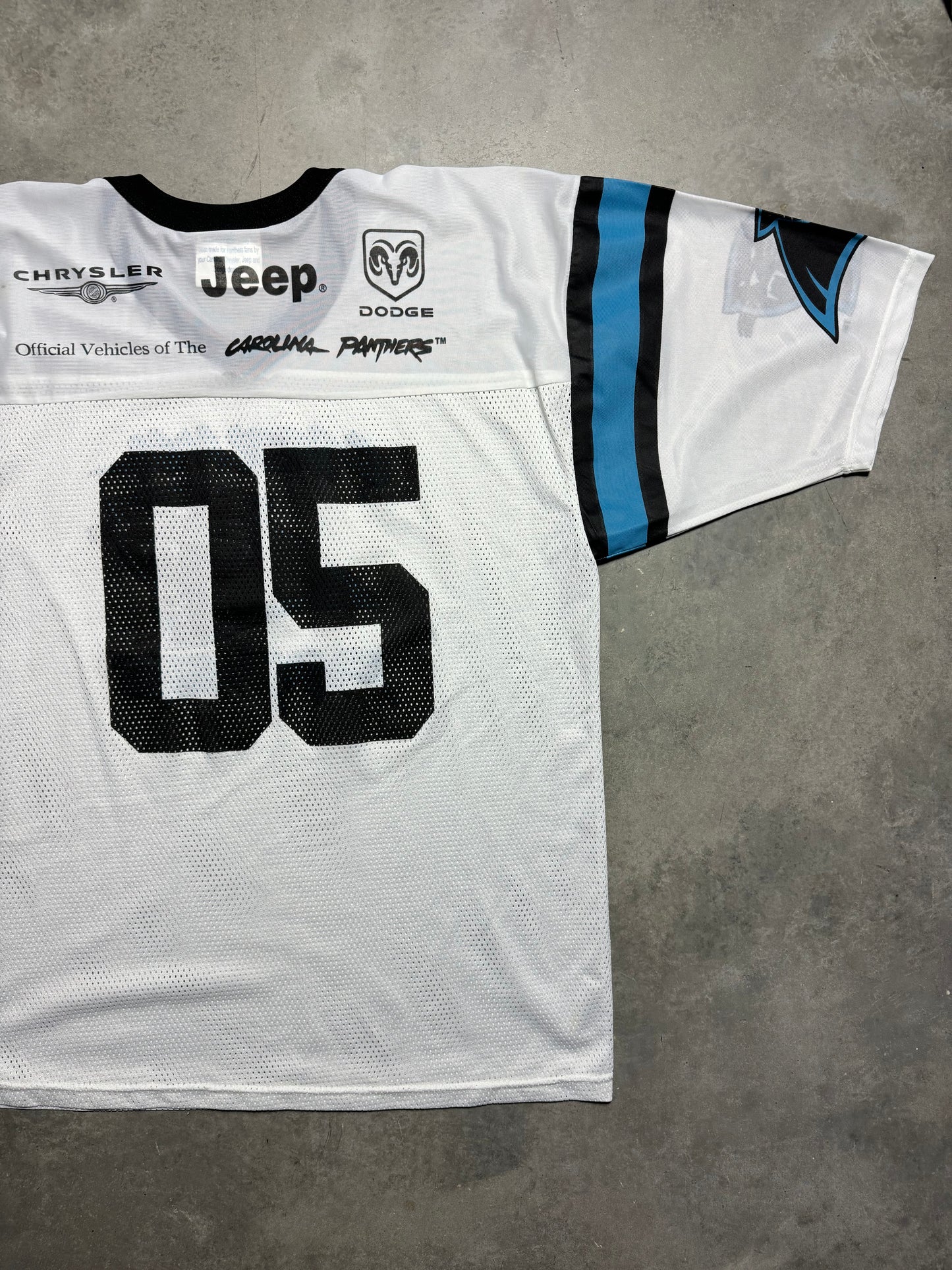 2005 Carolina Panthers x Chrysler Big Logo Cat Scratch Vintage White Mesh NFL Jersey (XL)