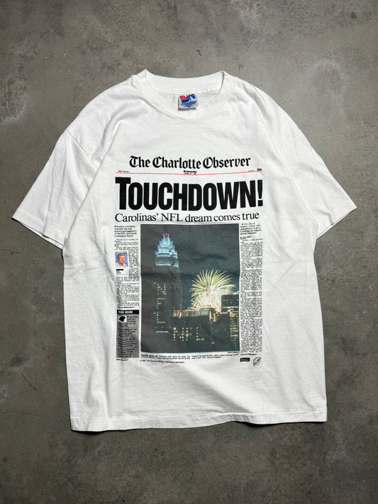 1993 Carolina Panthers “Touchdown!” Vintage Charlotte Observer Expansion Franchise Announcement NFL Newspaper Tee (Large)