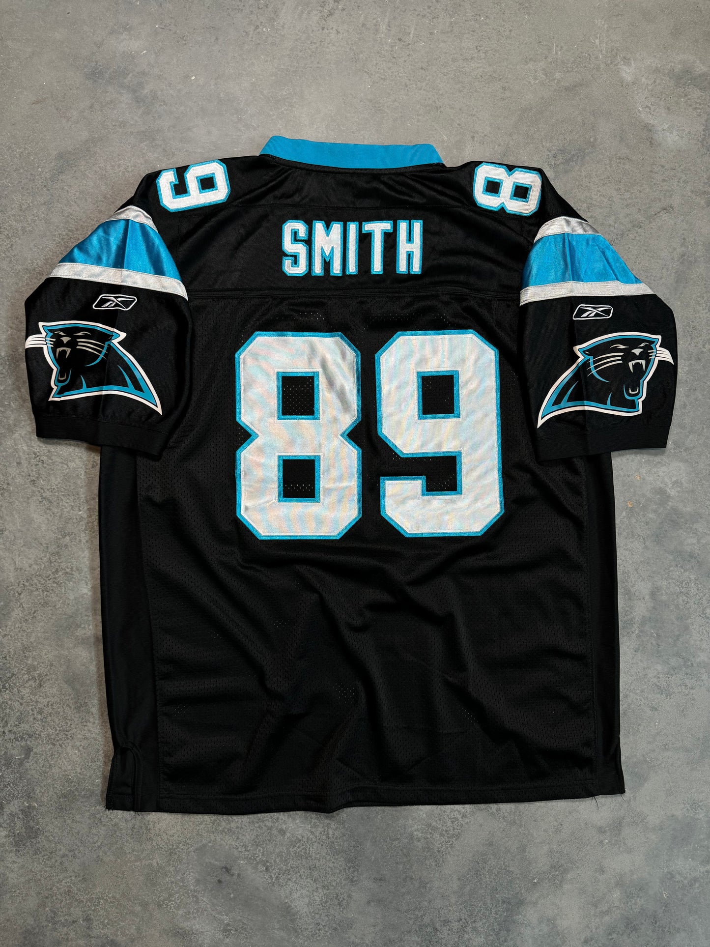 2004 Carolina Panthers Steve Smith 10th Anniversary Patch Vintage NFL Reebok On Field Authentic Jersey (54/XXL)