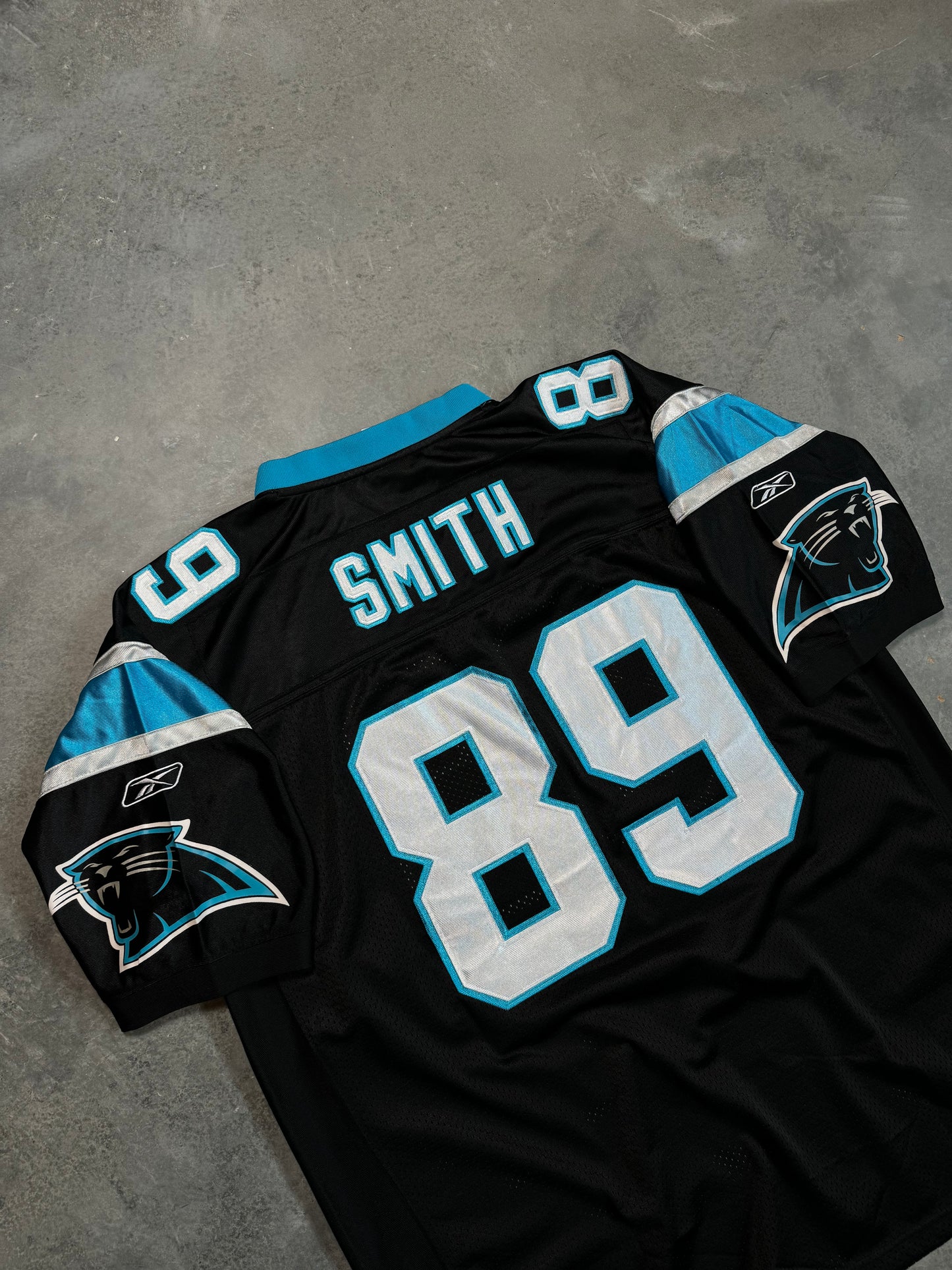 2004 Carolina Panthers Steve Smith 10th Anniversary Patch Vintage NFL Reebok On Field Authentic Jersey (54/XXL)