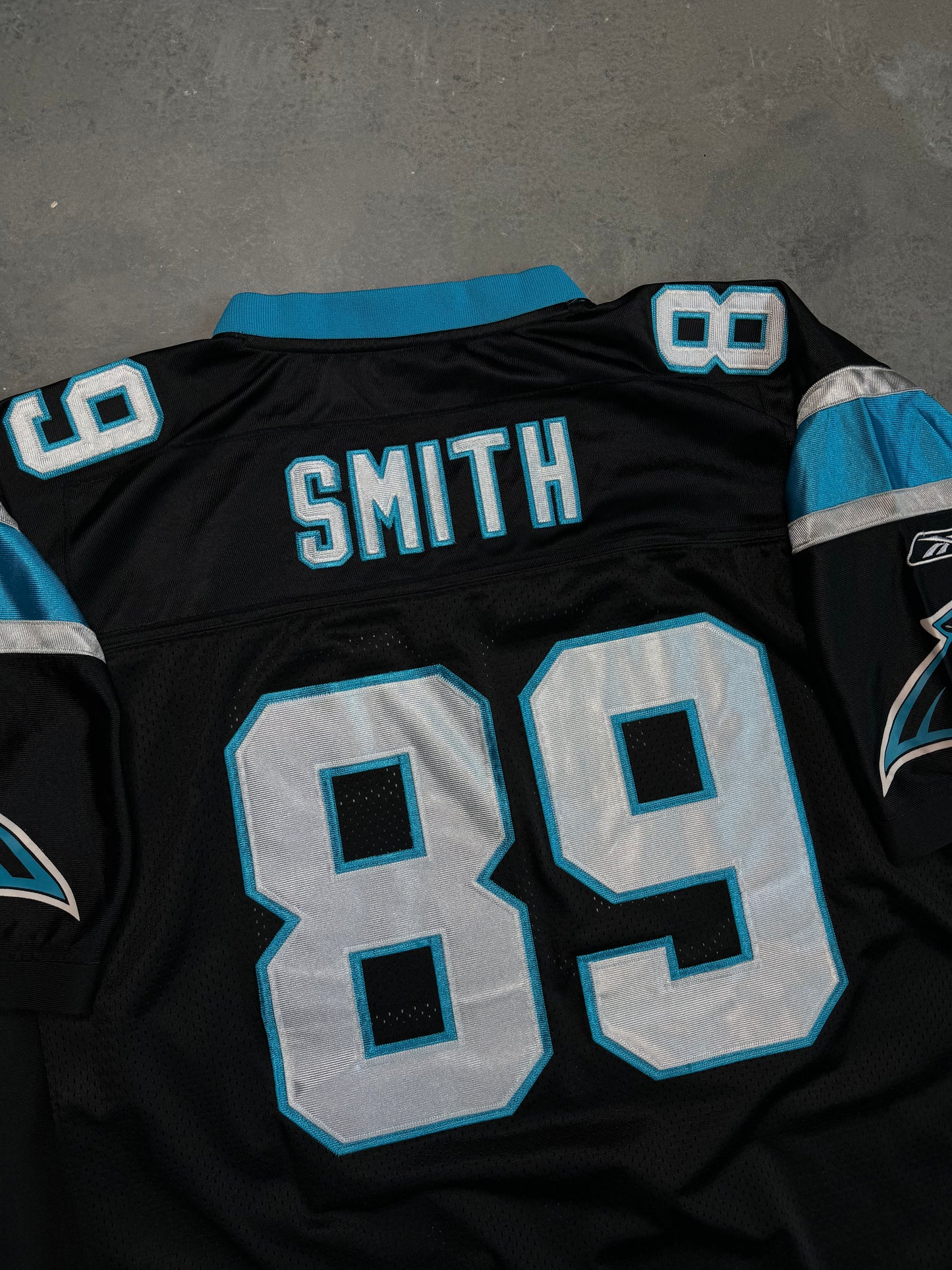 2004 Carolina Panthers Steve Smith 10th Anniversary Patch Vintage NFL Reebok On Field Authentic Jersey (54/XXL)