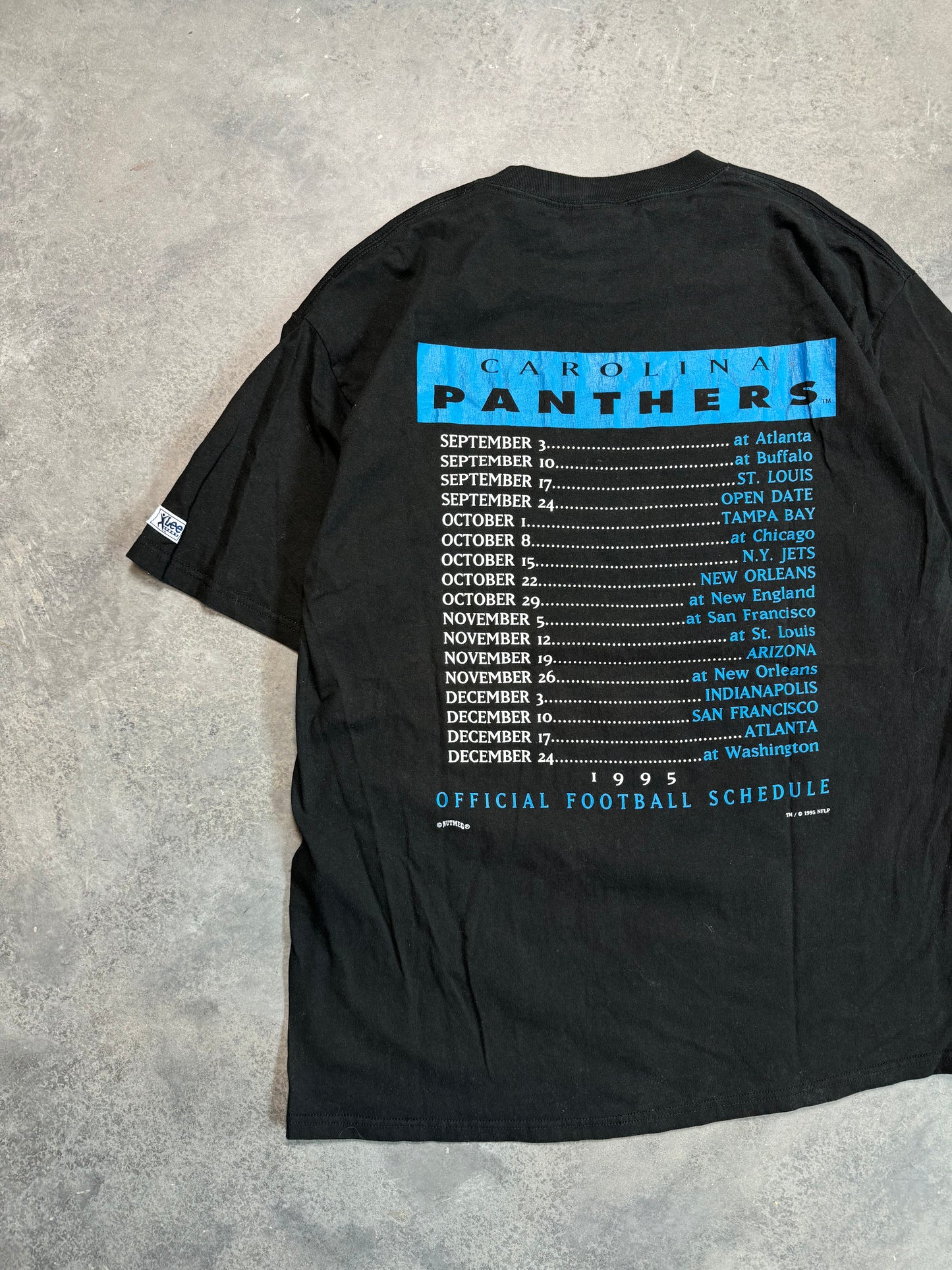 1995 Carolina Panthers Vintage Lee Sport Inaugural Season NFL Schedule Tee (XL)