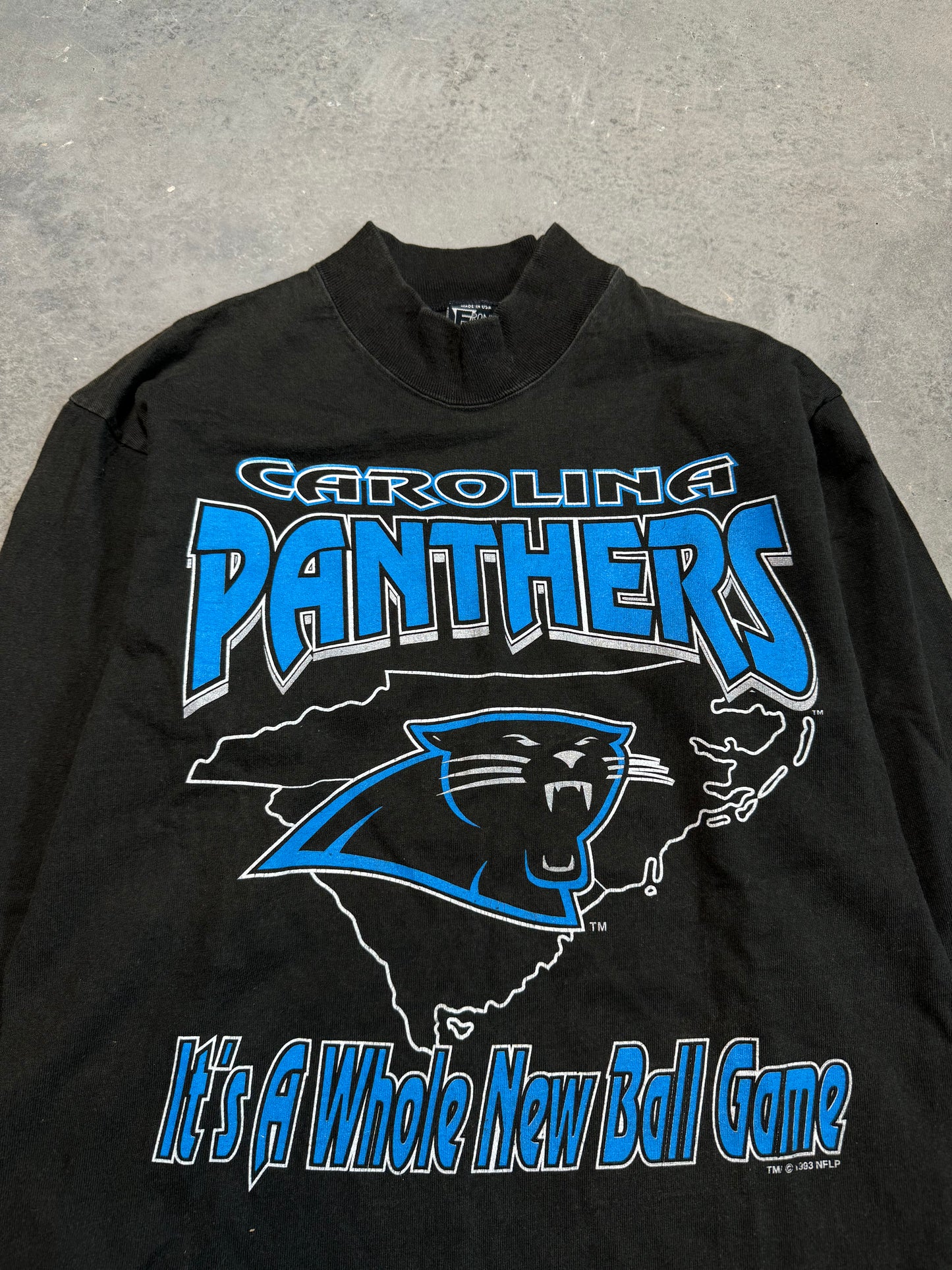 1993 Carolina Panthers “It’s A Whole New Game” Vintage NFL Mock Neck Longsleeve Tee (Medium)