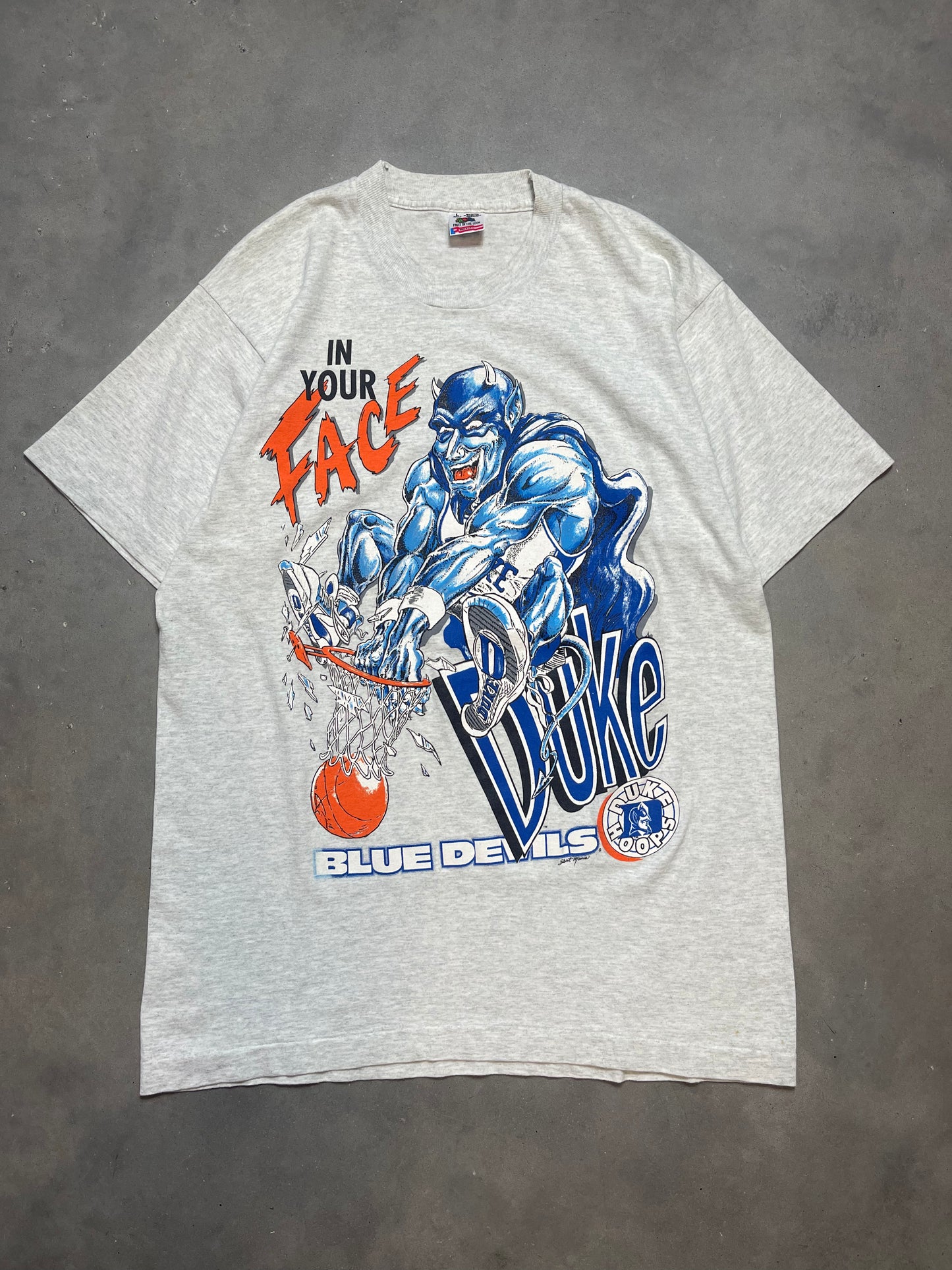 90’s Duke Blue Devils “In Your Face” Slam Dunk Vintage Caricature College Basketball Tee (XL)