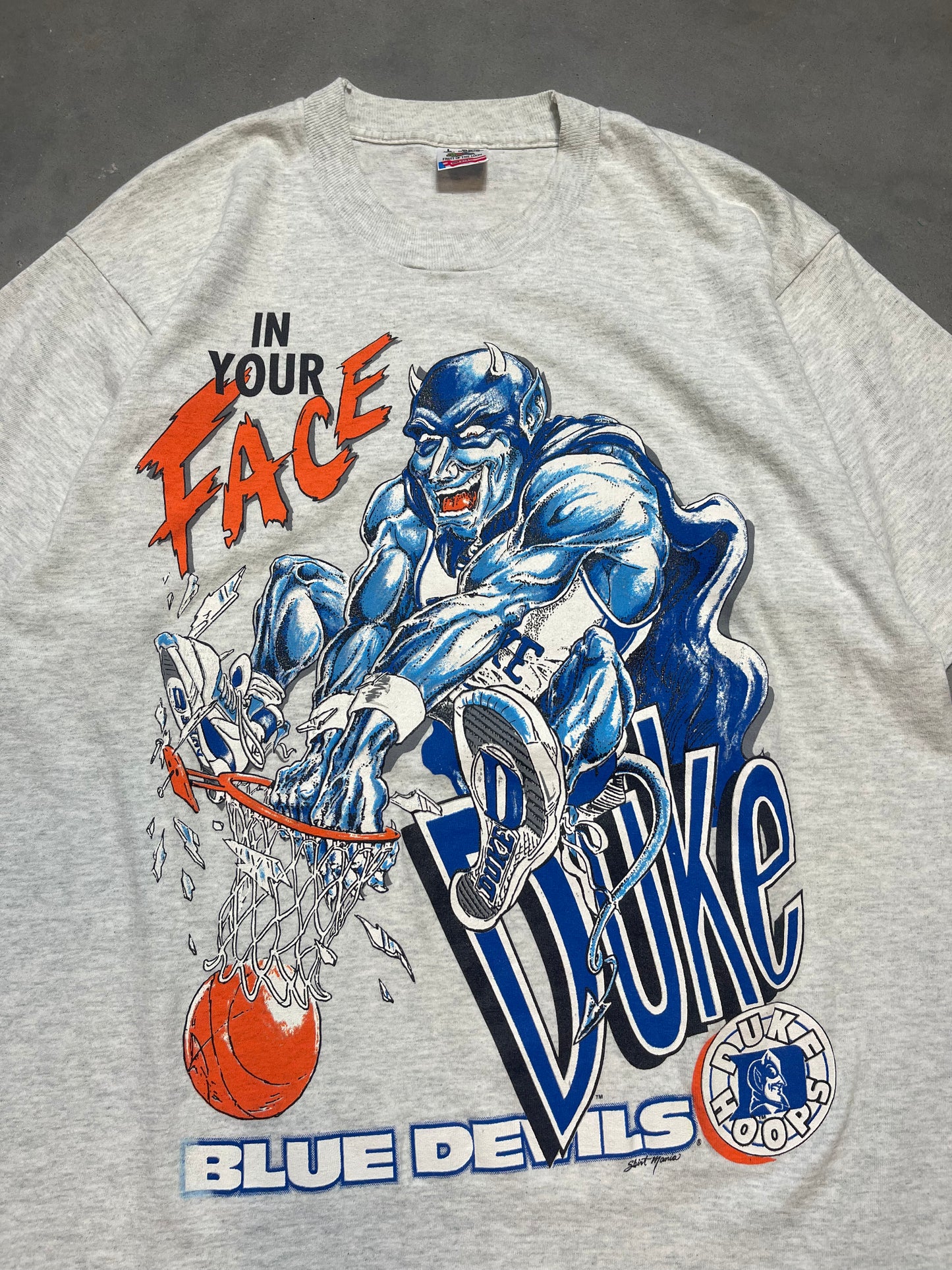 90’s Duke Blue Devils “In Your Face” Slam Dunk Vintage Caricature College Basketball Tee (XL)