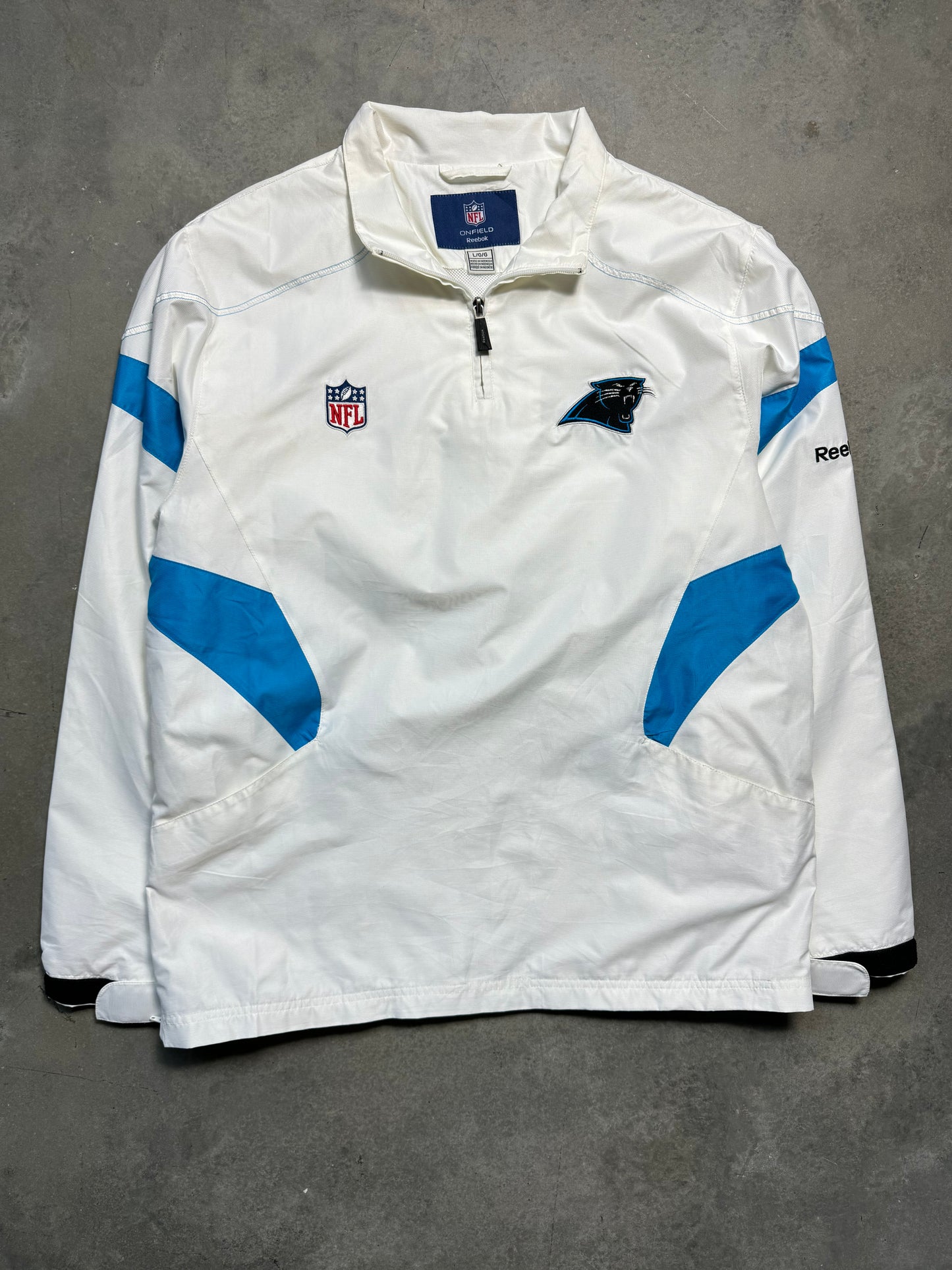 00’s Carolina Panthers Vintage White Reebok Quarter Zip Embroidered NFL Pullover Windbreaker Jacket (Large)