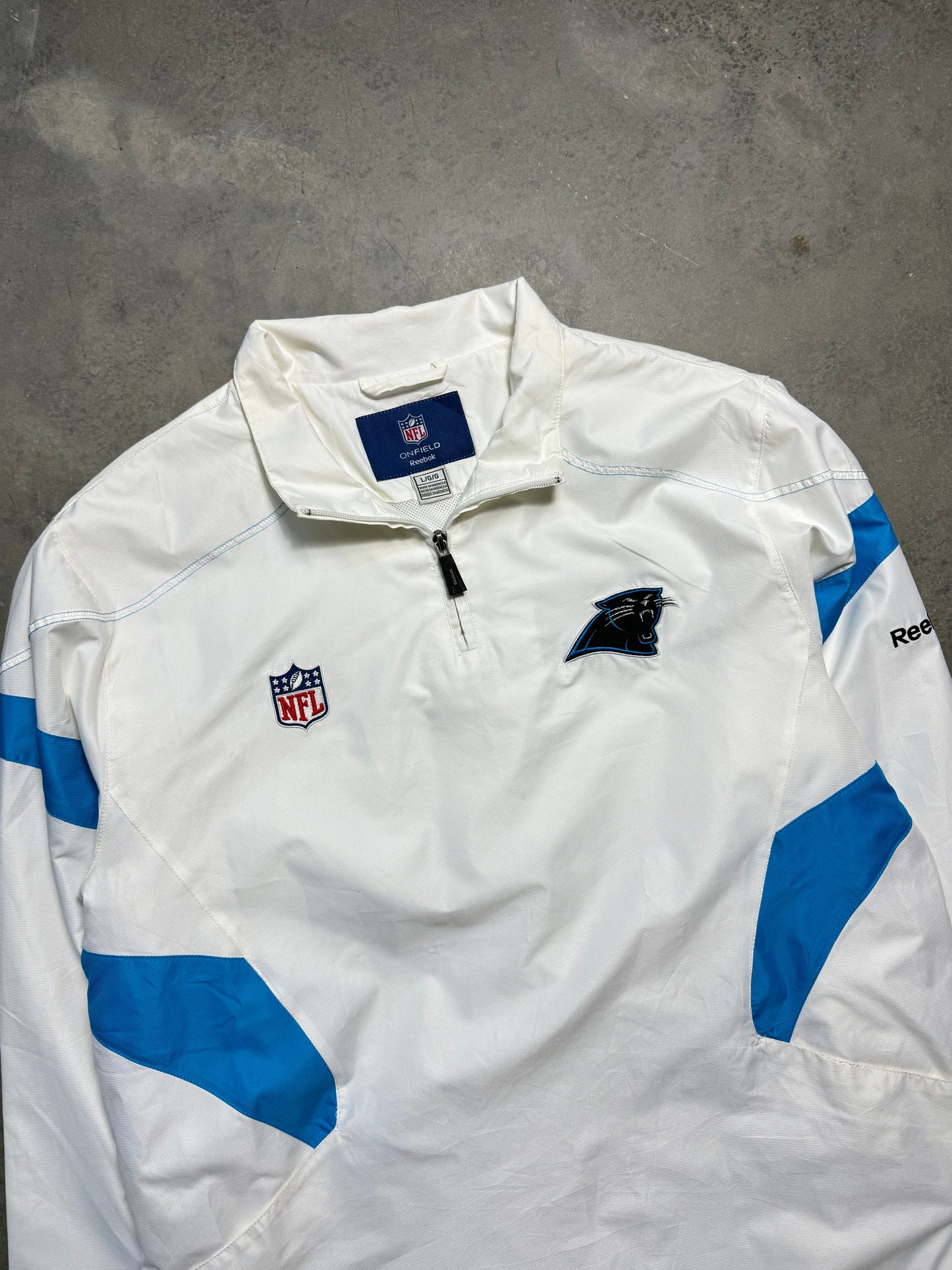 00’s Carolina Panthers Vintage White Reebok Quarter Zip Embroidered NFL Pullover Windbreaker Jacket (Large)