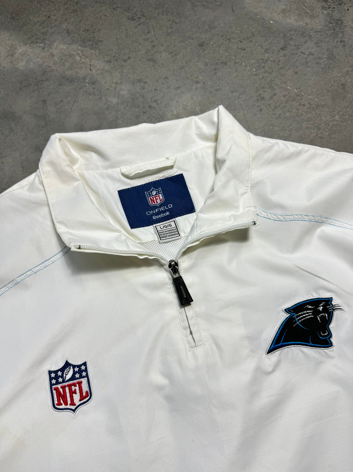 00’s Carolina Panthers Vintage White Reebok Quarter Zip Embroidered NFL Pullover Windbreaker Jacket (Large)