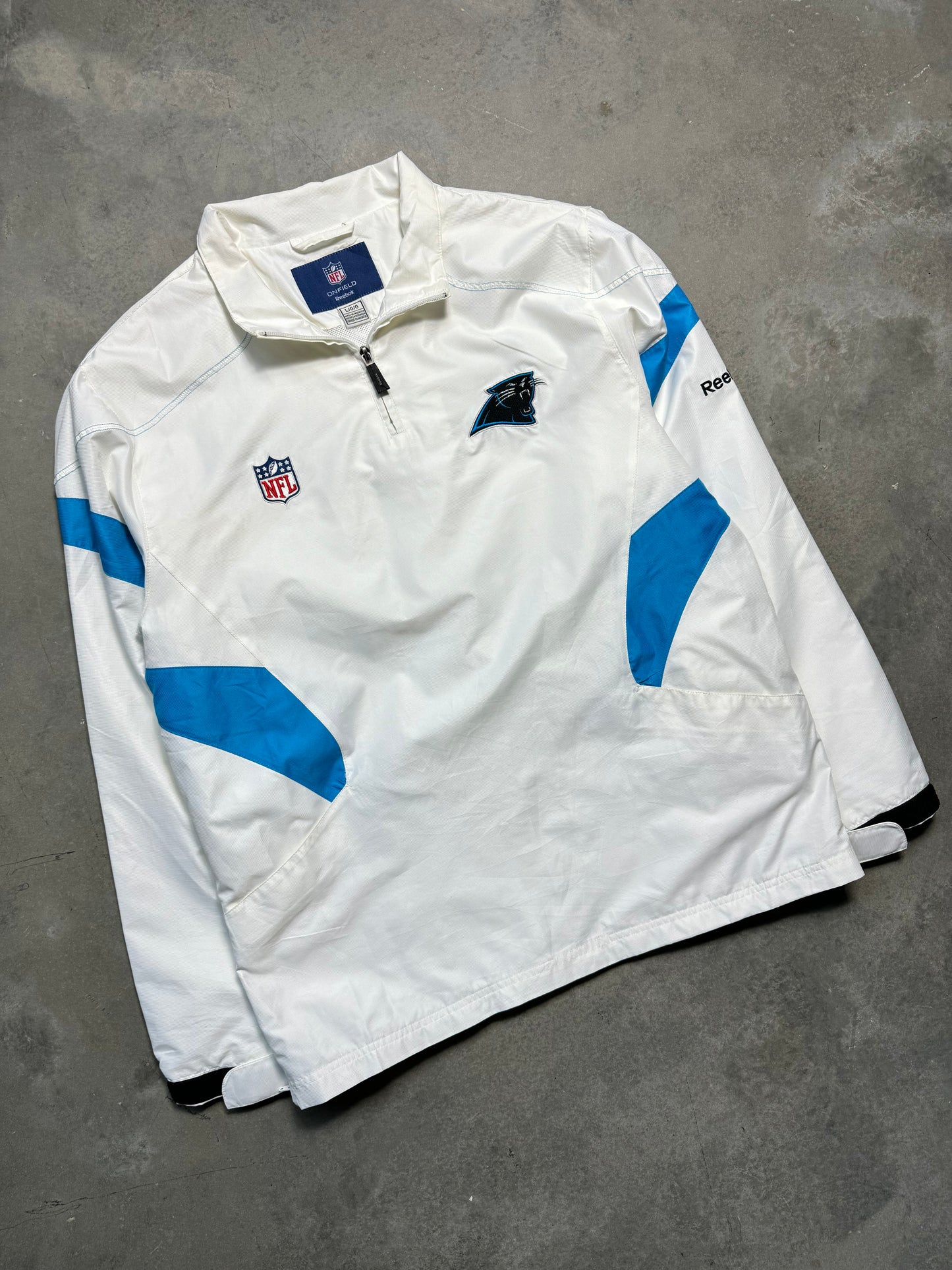 00’s Carolina Panthers Vintage White Reebok Quarter Zip Embroidered NFL Pullover Windbreaker Jacket (Large)