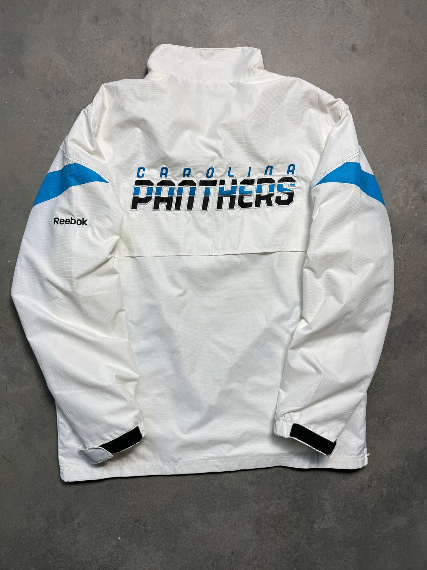 00’s Carolina Panthers Vintage White Reebok Quarter Zip Embroidered NFL Pullover Windbreaker Jacket (Large)