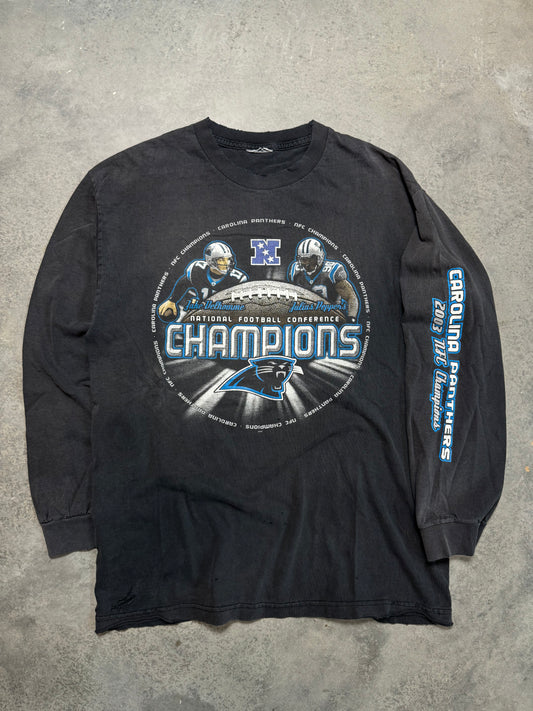 2003 Carolina Panthers NFC Champions Jake Delhomme Julius Peppers Distressed NFL Longsleeve Tee (Medium)