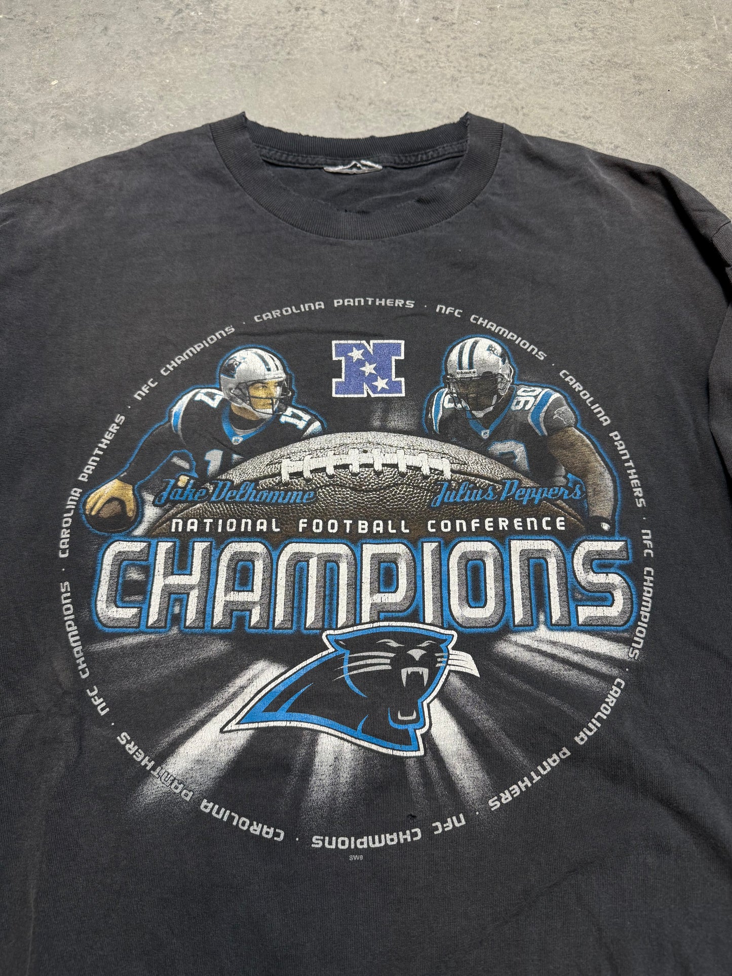 2003 Carolina Panthers NFC Champions Jake Delhomme Julius Peppers Distressed NFL Longsleeve Tee (Medium)