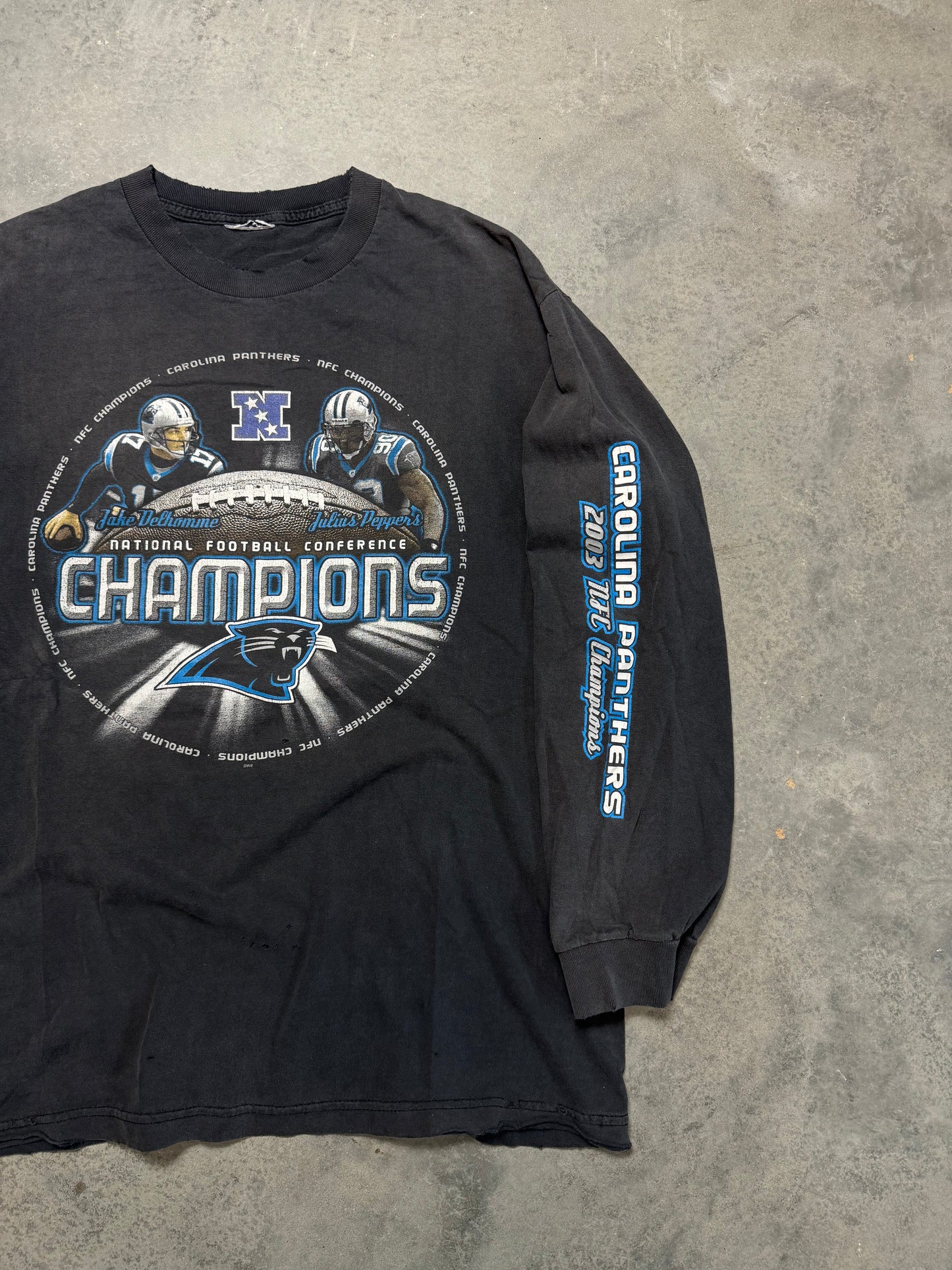 2003 Carolina Panthers NFC Champions Jake Delhomme Julius Peppers Distressed NFL Longsleeve Tee (Medium)