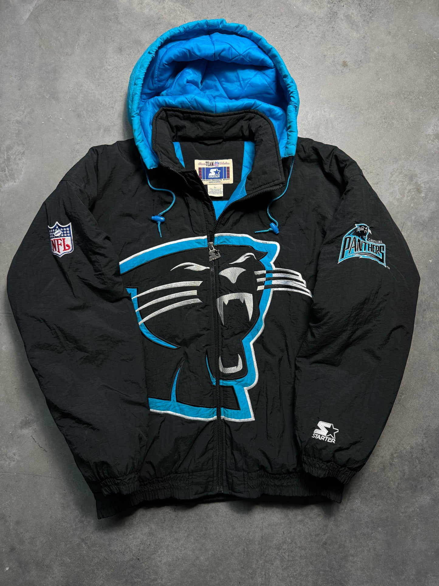 90’s Carolina Panthers Vintage Starter Big Logo Fully Embroidered Cat Face Full Zip NFL Puffer Jacket (XL)