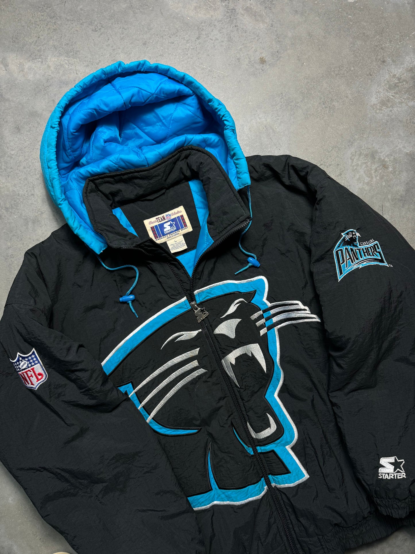 90’s Carolina Panthers Vintage Starter Big Logo Fully Embroidered Cat Face Full Zip NFL Puffer Jacket (XL)