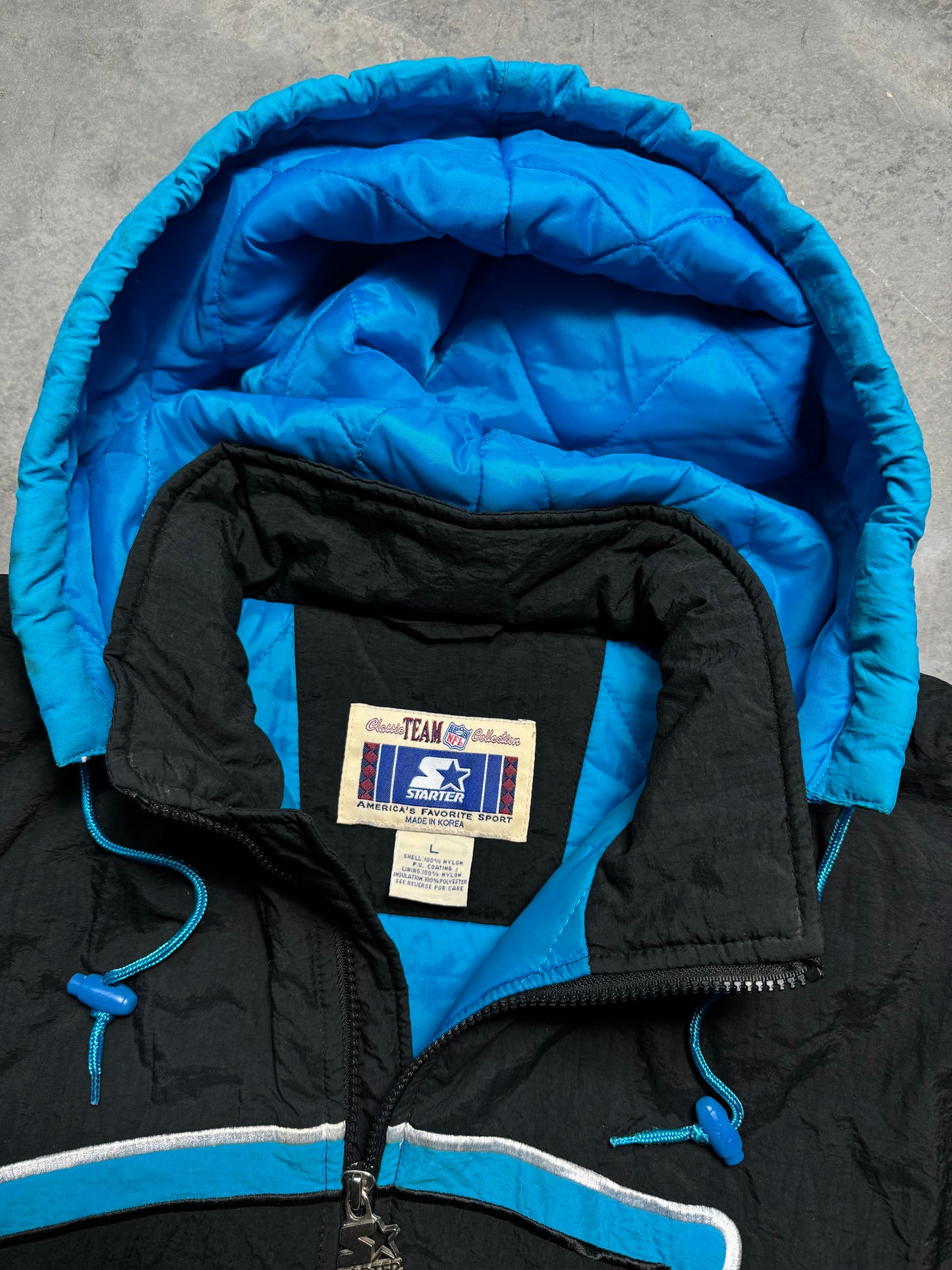 90’s Carolina Panthers Vintage Starter Big Logo Fully Embroidered Cat Face Full Zip NFL Puffer Jacket (XL)