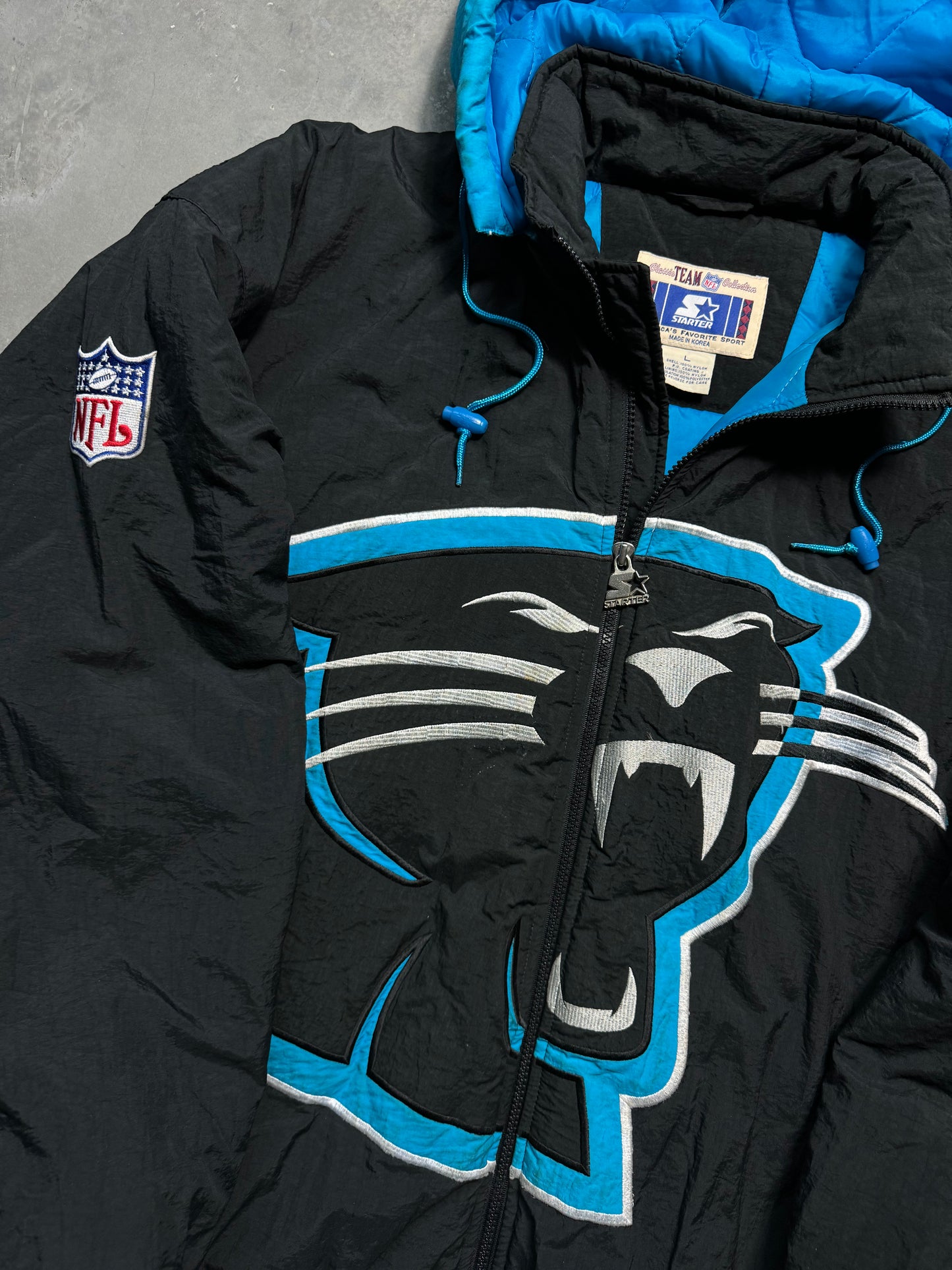 90’s Carolina Panthers Vintage Starter Big Logo Fully Embroidered Cat Face Full Zip NFL Puffer Jacket (XL)