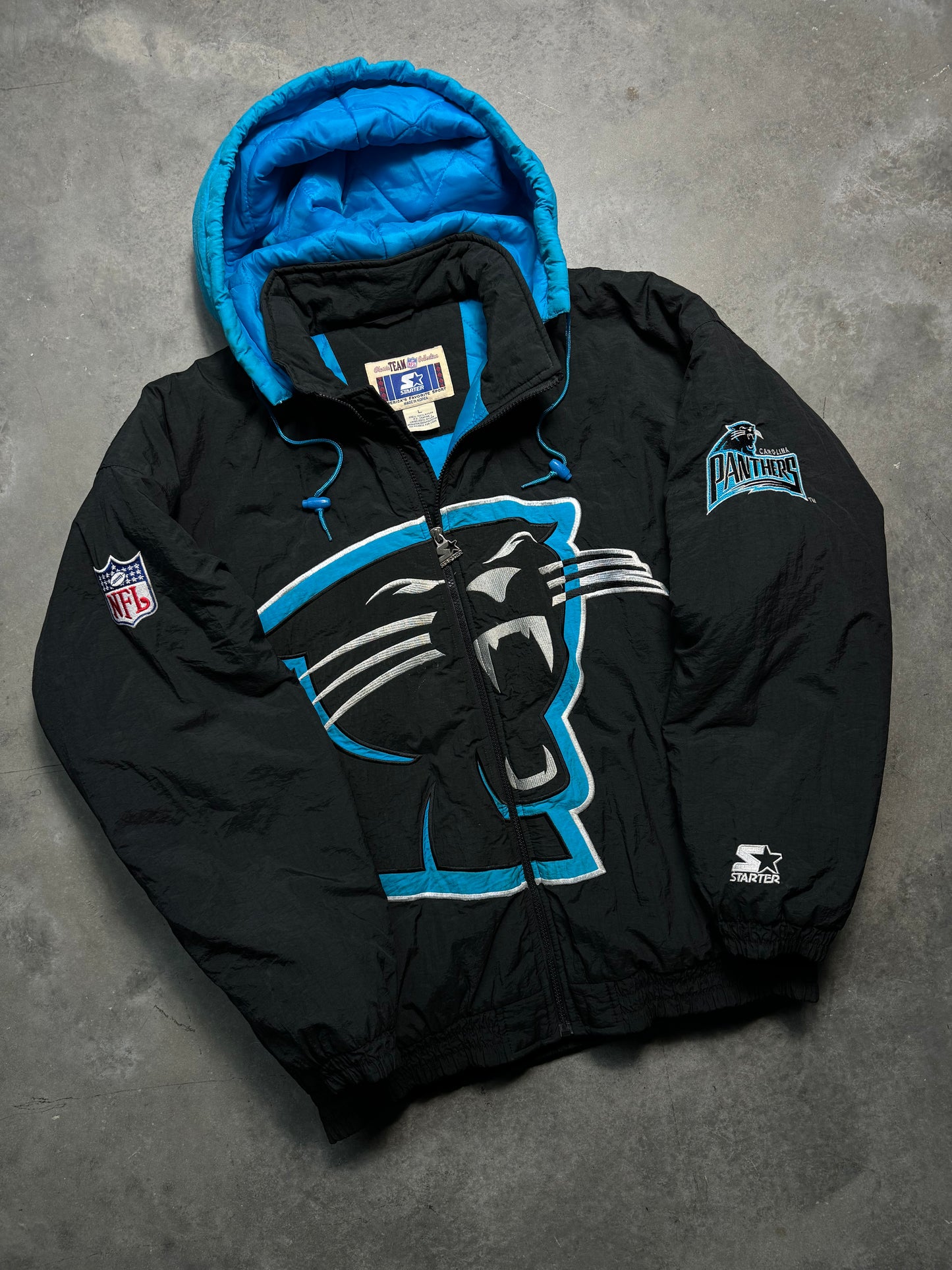 90’s Carolina Panthers Vintage Starter Big Logo Fully Embroidered Cat Face Full Zip NFL Puffer Jacket (XL)