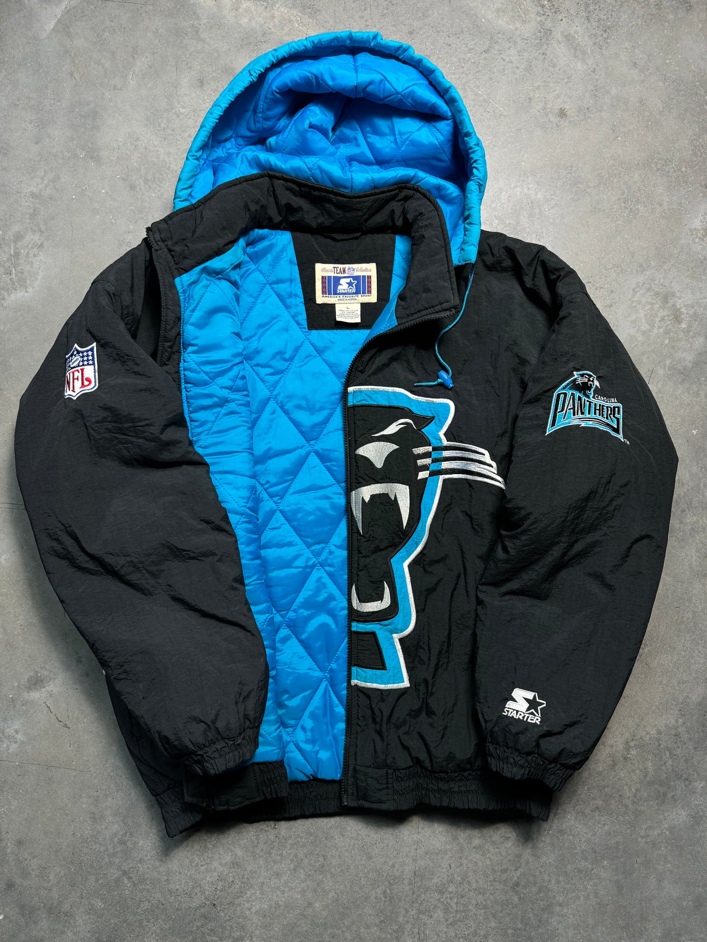 90’s Carolina Panthers Vintage Starter Big Logo Fully Embroidered Cat Face Full Zip NFL Puffer Jacket (XL)