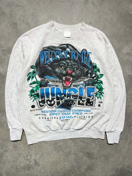 1996 Carolina Panthers “Welcome To The Jungle” Western Division Champions Caricature Panther Ericsson Stadium Vintage NFL Playoffs Crewneck (Medium)